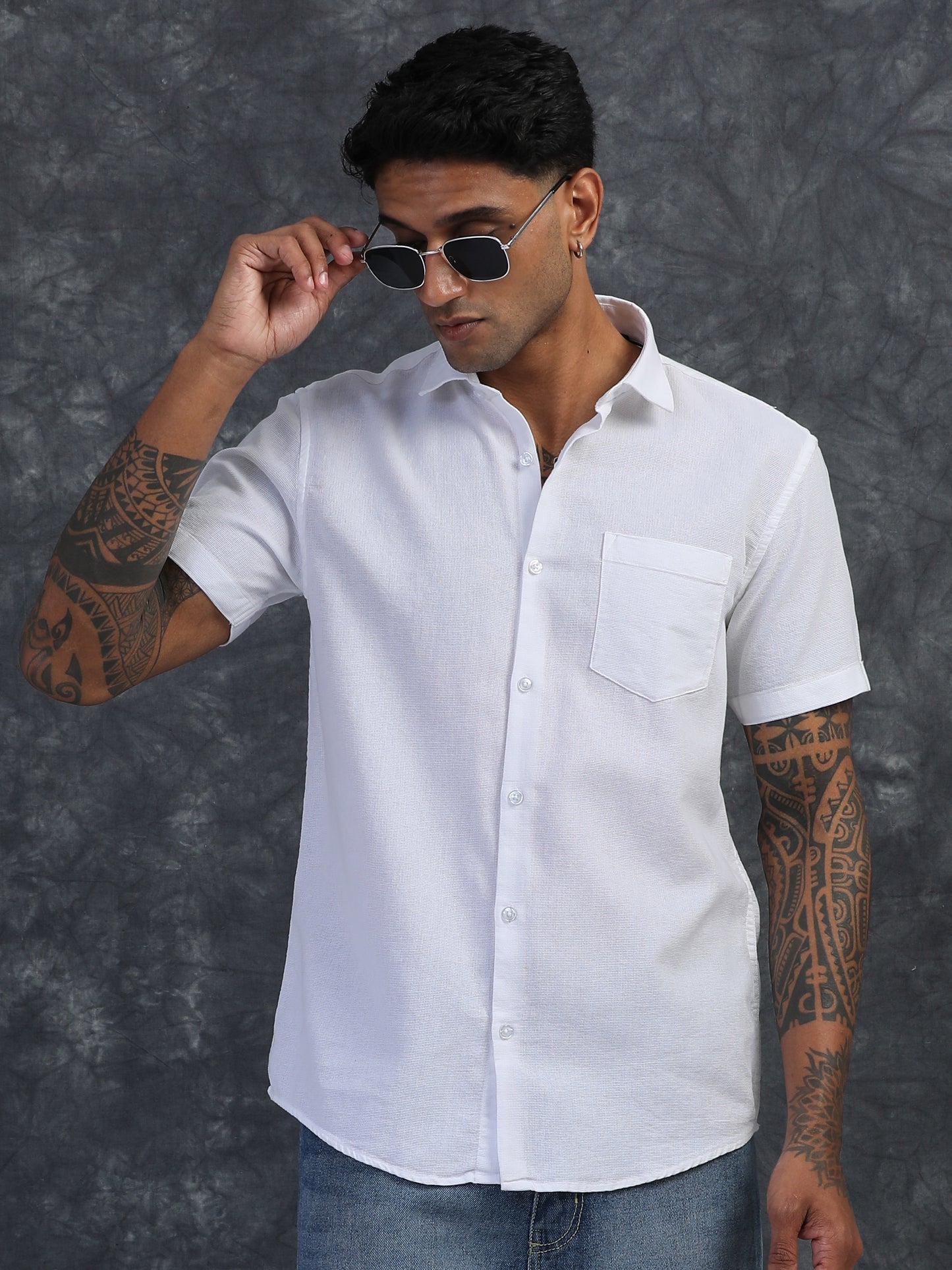 PURE WHITE TEXTURED FABRIC HALF SLEEVES SHIRTS