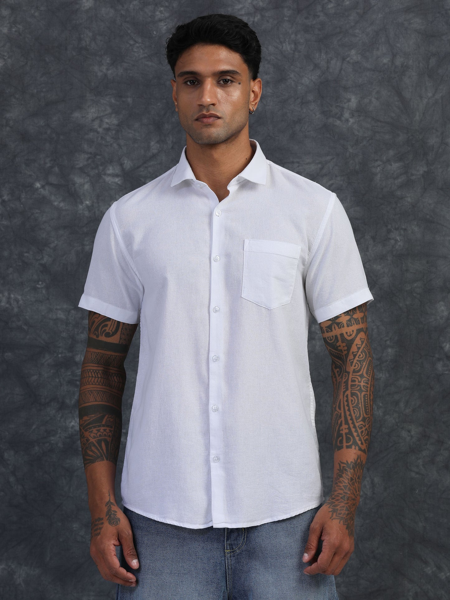 PURE WHITE TEXTURED FABRIC HALF SLEEVES SHIRTS