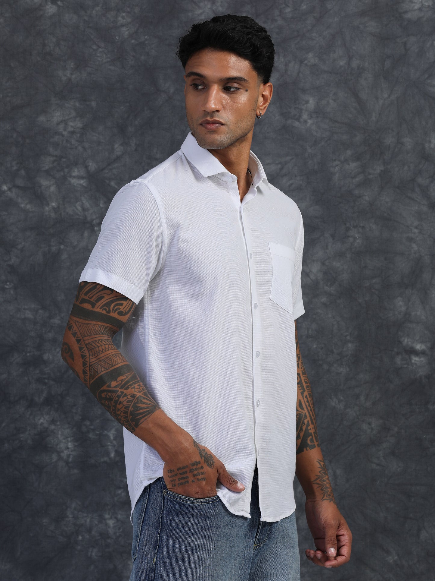 PURE WHITE TEXTURED FABRIC HALF SLEEVES SHIRTS