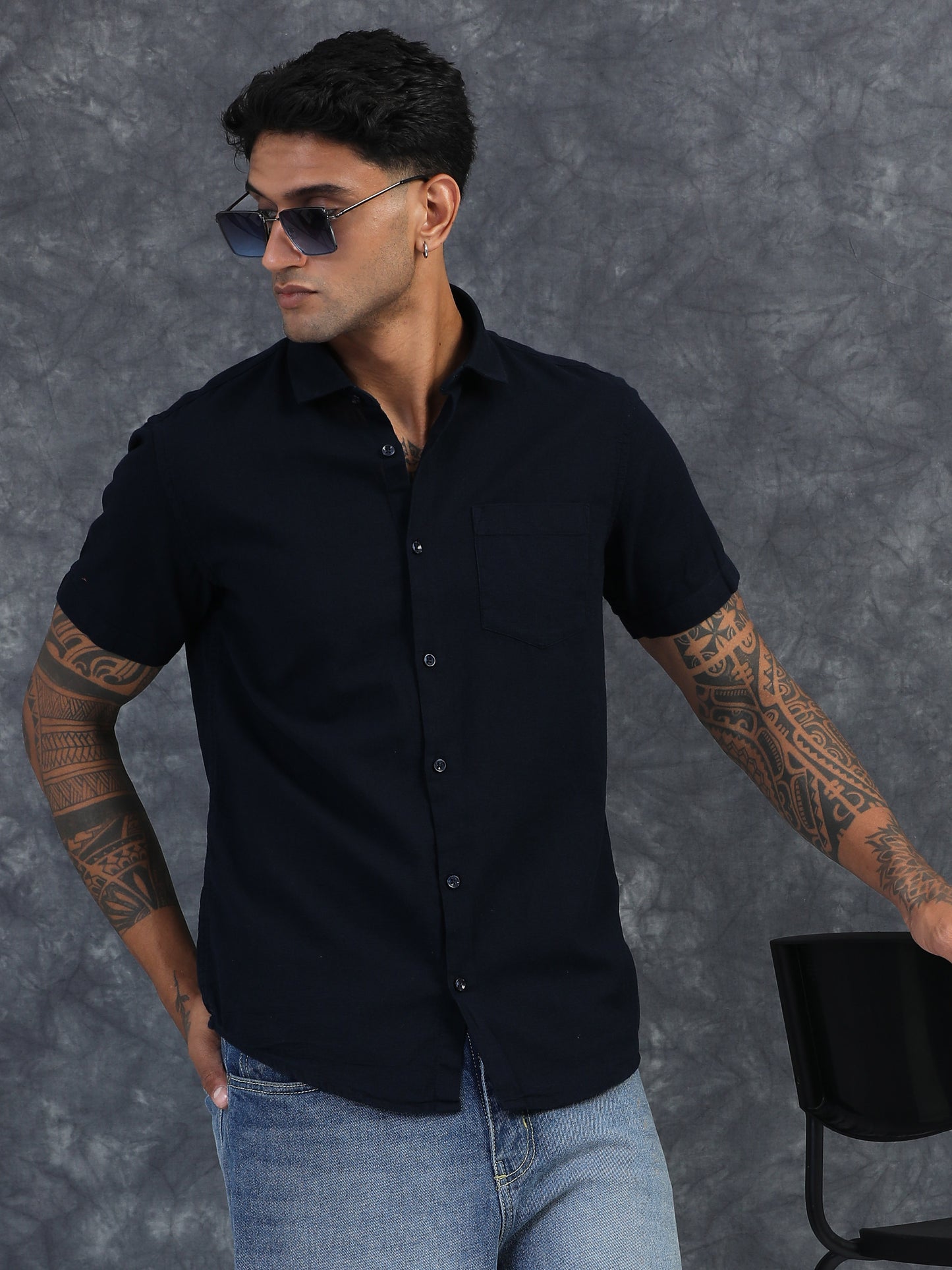 NAVY BLUE  TEXTURED FABRIC HALF SLEEVES SHIRTS