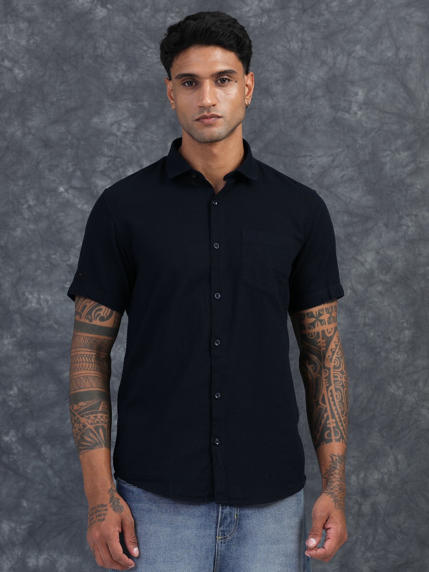 NAVY BLUE  TEXTURED FABRIC HALF SLEEVES SHIRTS