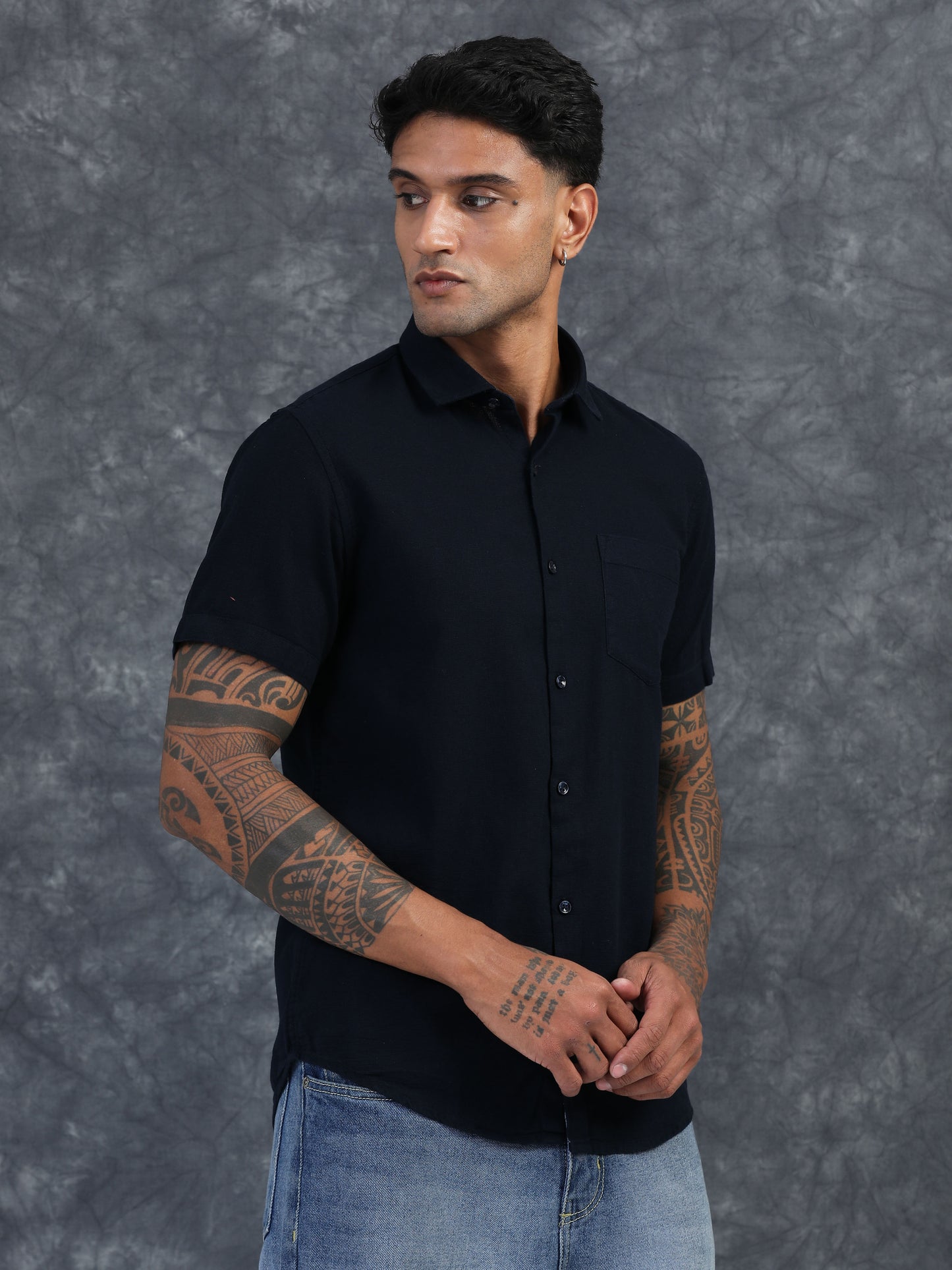 NAVY BLUE  TEXTURED FABRIC HALF SLEEVES SHIRTS