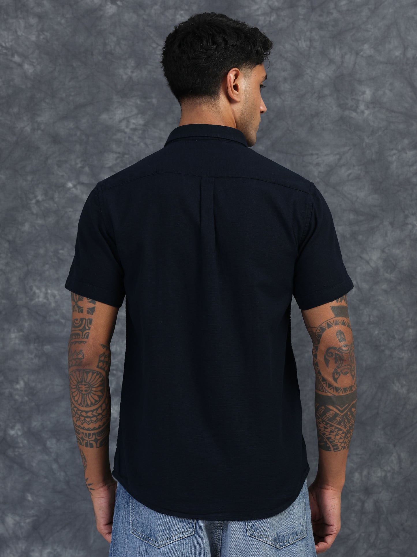 NAVY BLUE  TEXTURED FABRIC HALF SLEEVES SHIRTS