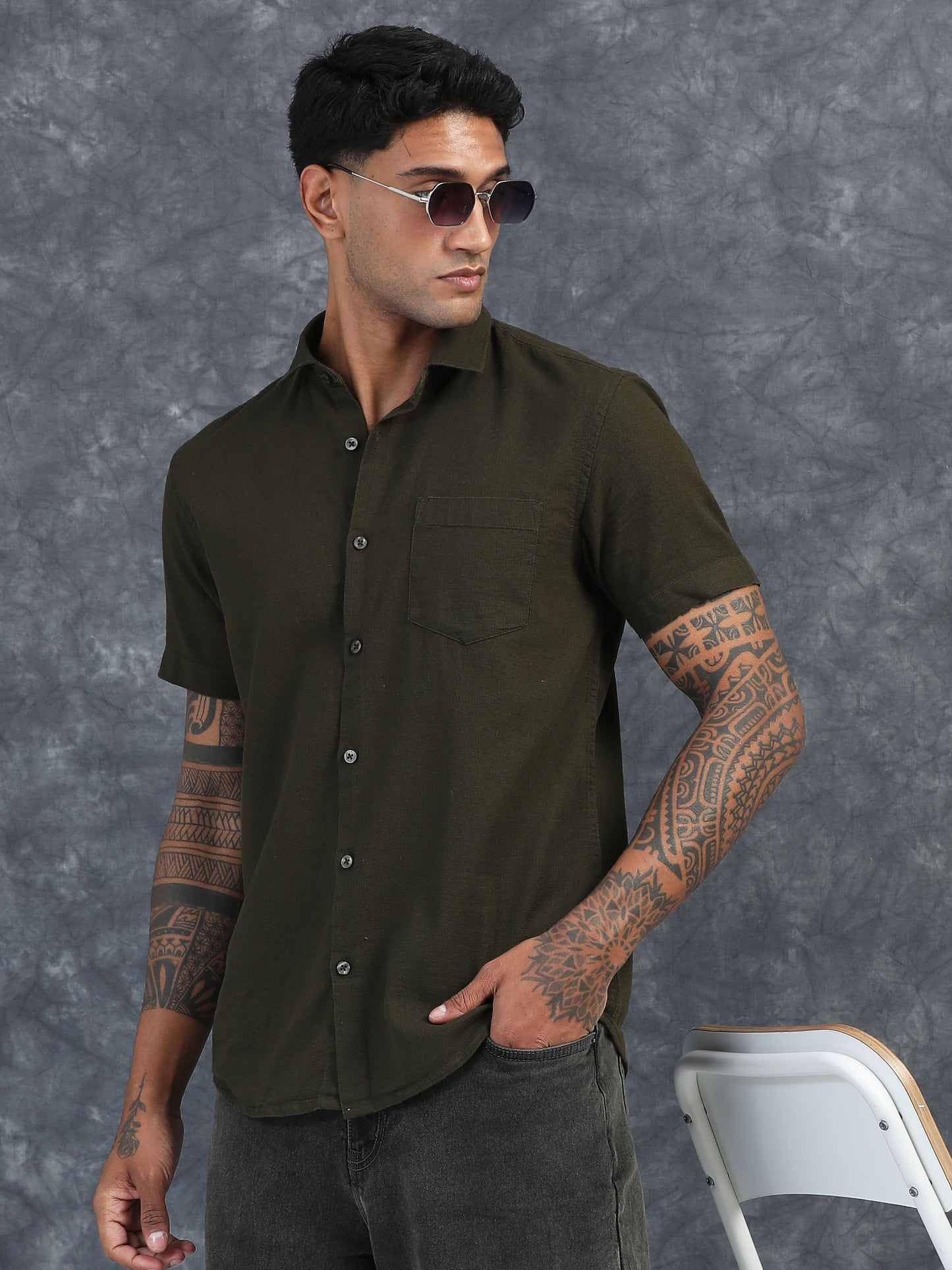 OLIVE GREEN TEXTURED FABRIC HALF SLEEVES SHIRTS