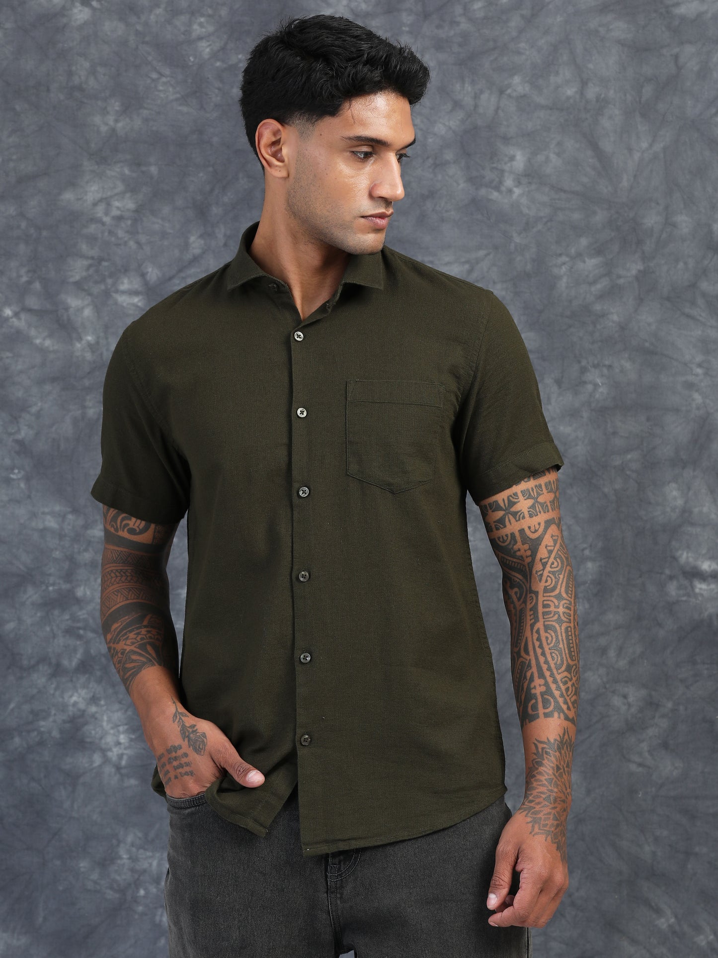 OLIVE GREEN TEXTURED FABRIC HALF SLEEVES SHIRTS