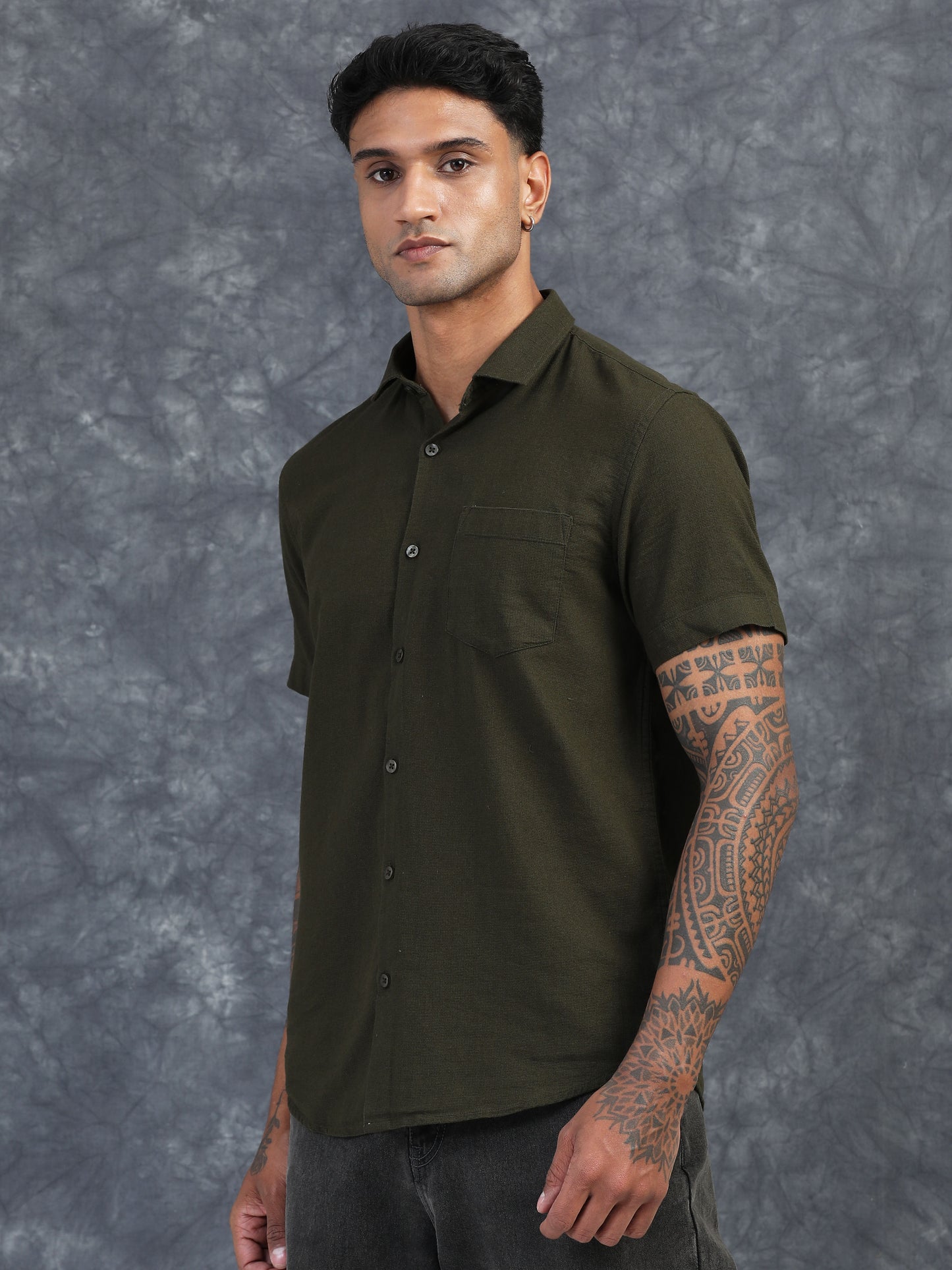 OLIVE GREEN TEXTURED FABRIC HALF SLEEVES SHIRTS