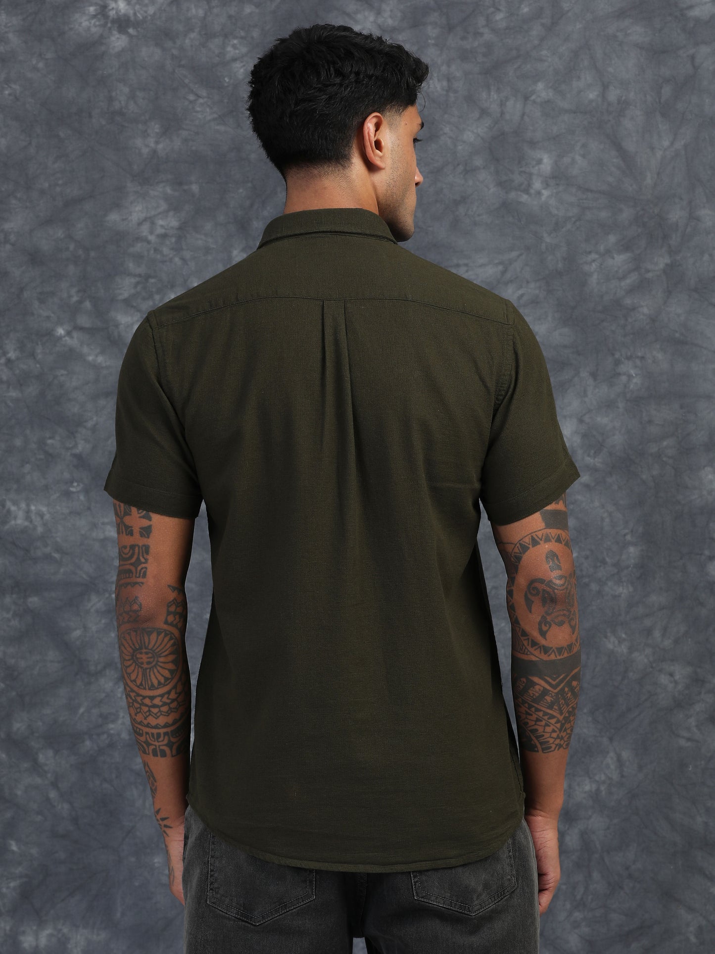 OLIVE GREEN TEXTURED FABRIC HALF SLEEVES SHIRTS
