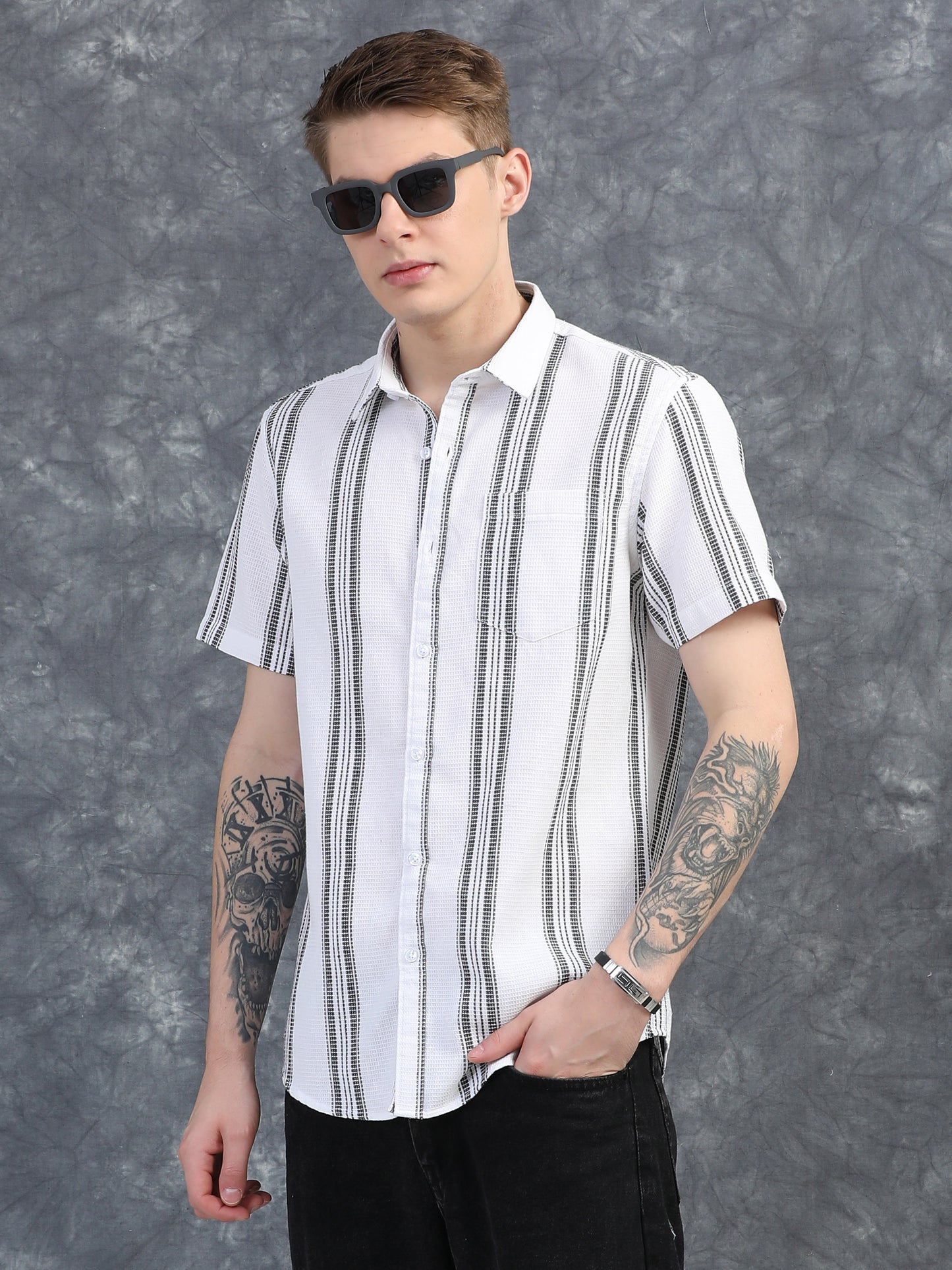 Dark Grey  Stripes Half Sleeve Shirt