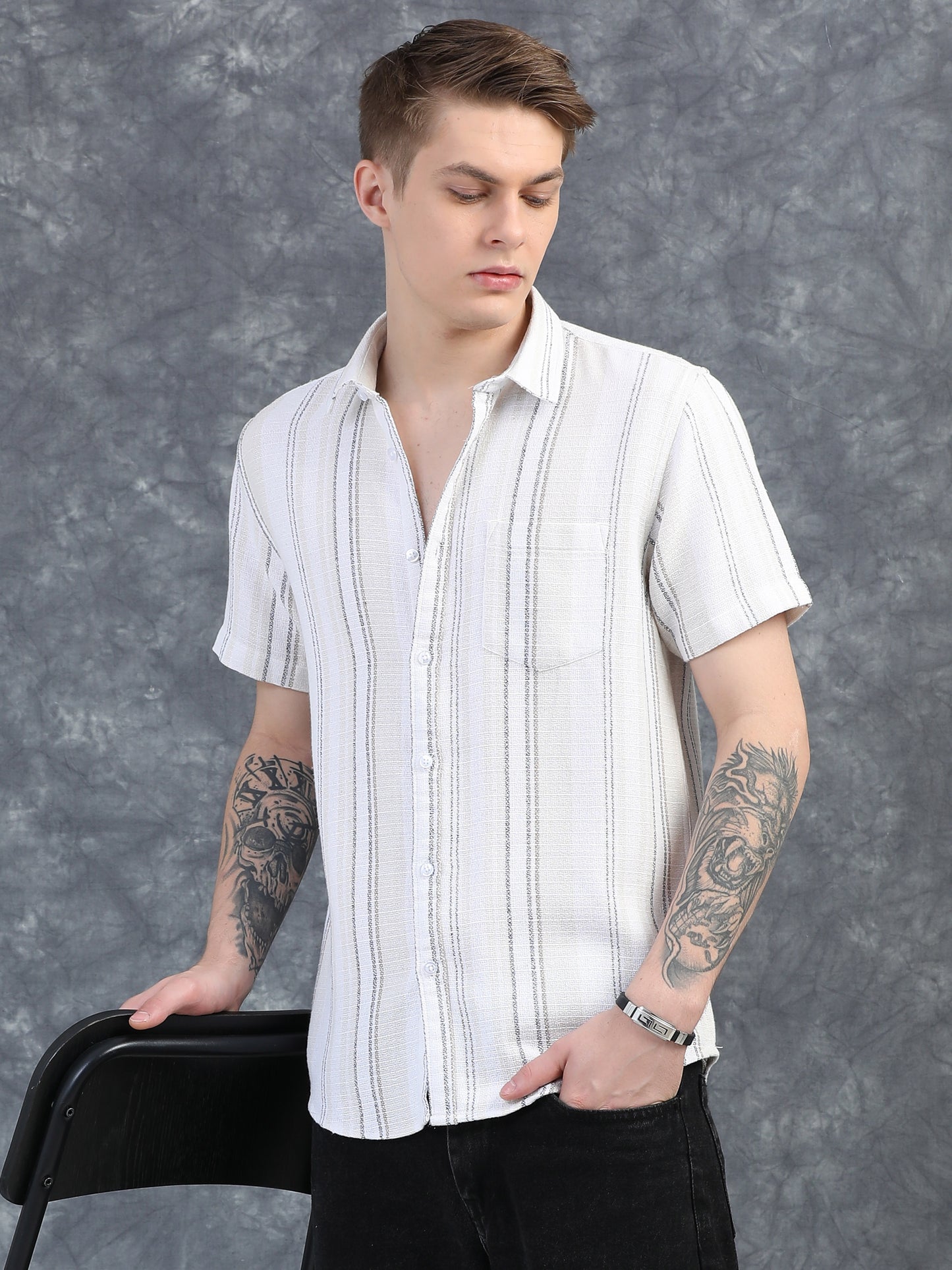 Thin Grey Stripes Stripes Half Sleeve Shirt