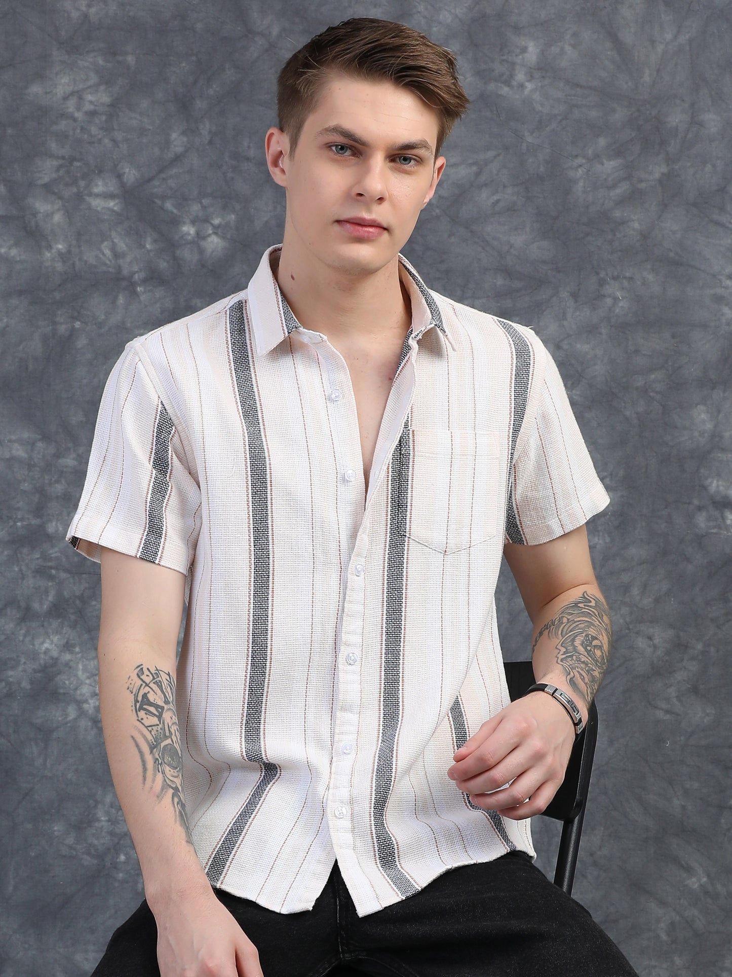 Gray and Brown Stripes Half Sleeve Shirt