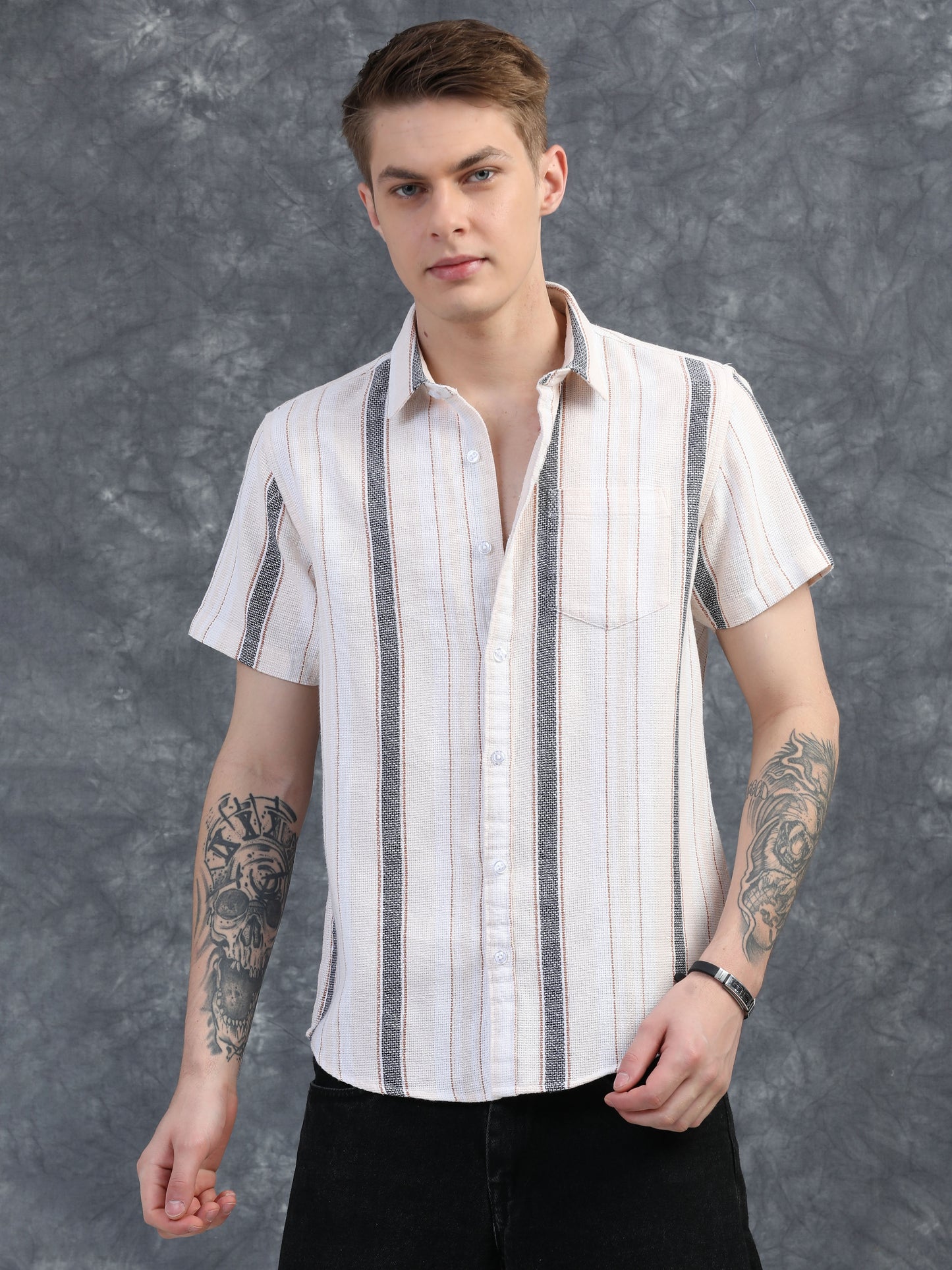 Gray and Brown Stripes Half Sleeve Shirt