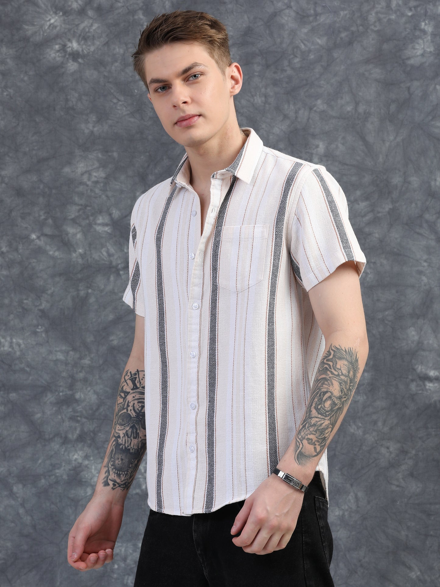 Gray and Brown Stripes Half Sleeve Shirt
