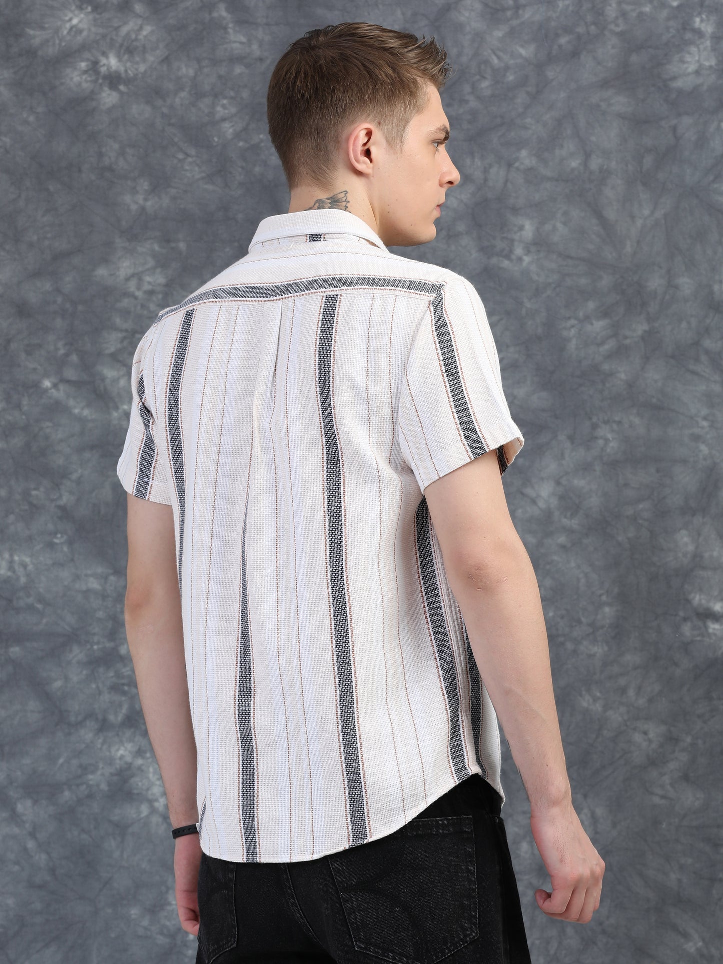 Gray and Brown Stripes Half Sleeve Shirt