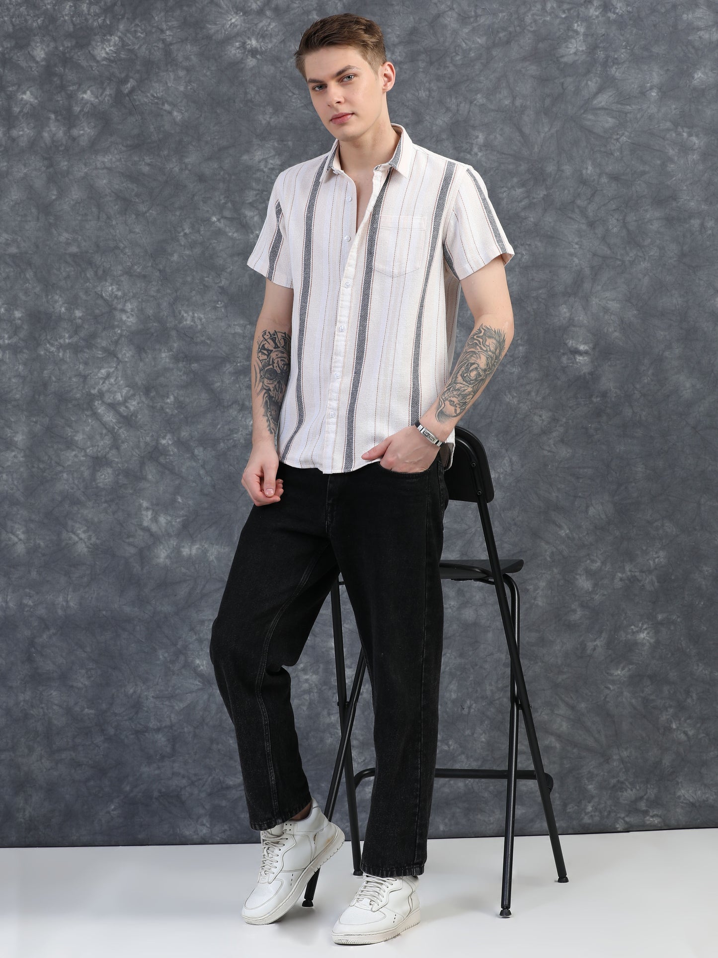Gray and Brown Stripes Half Sleeve Shirt