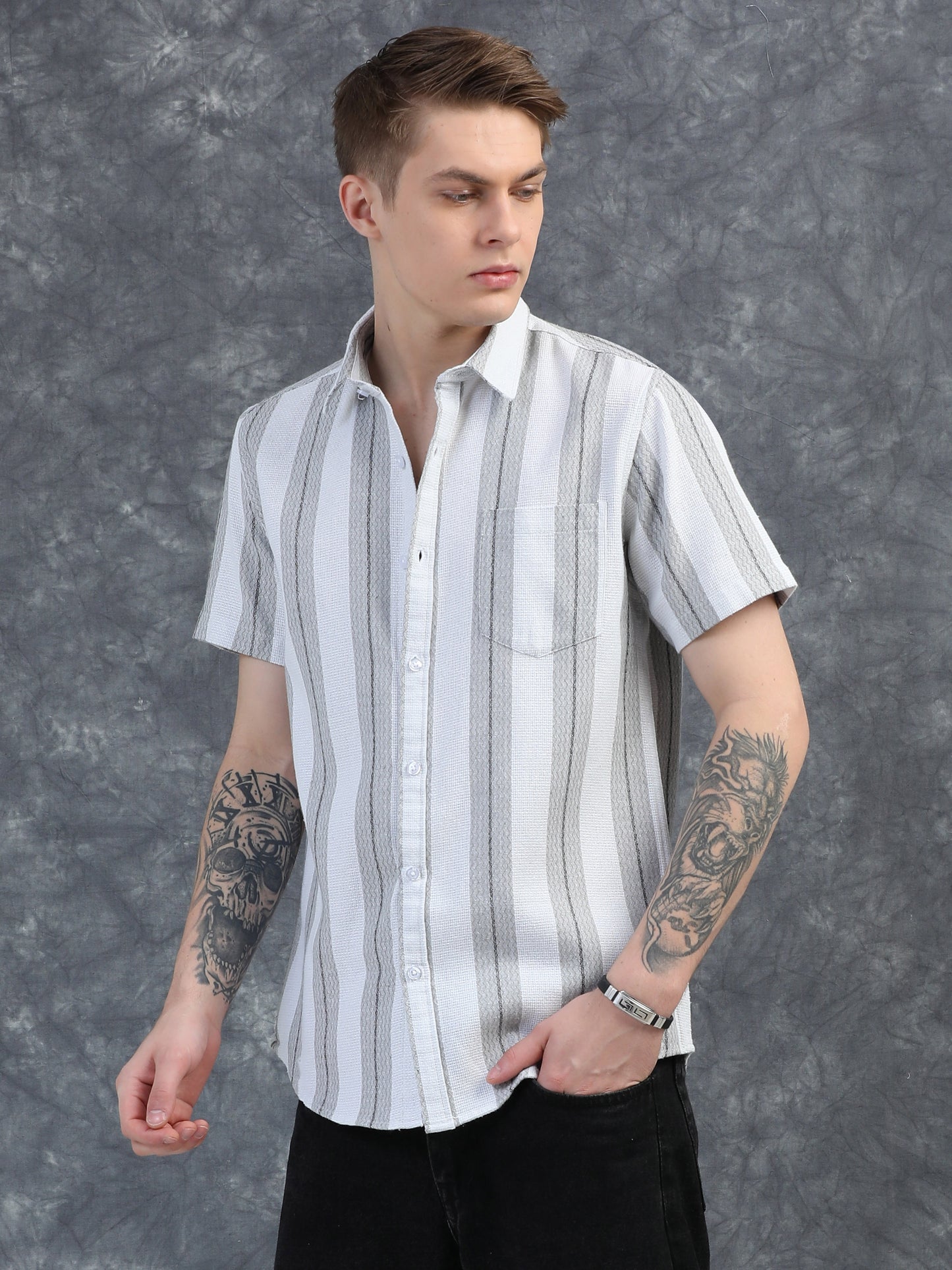 White and Grey Stripes Half Sleeve Shirt
