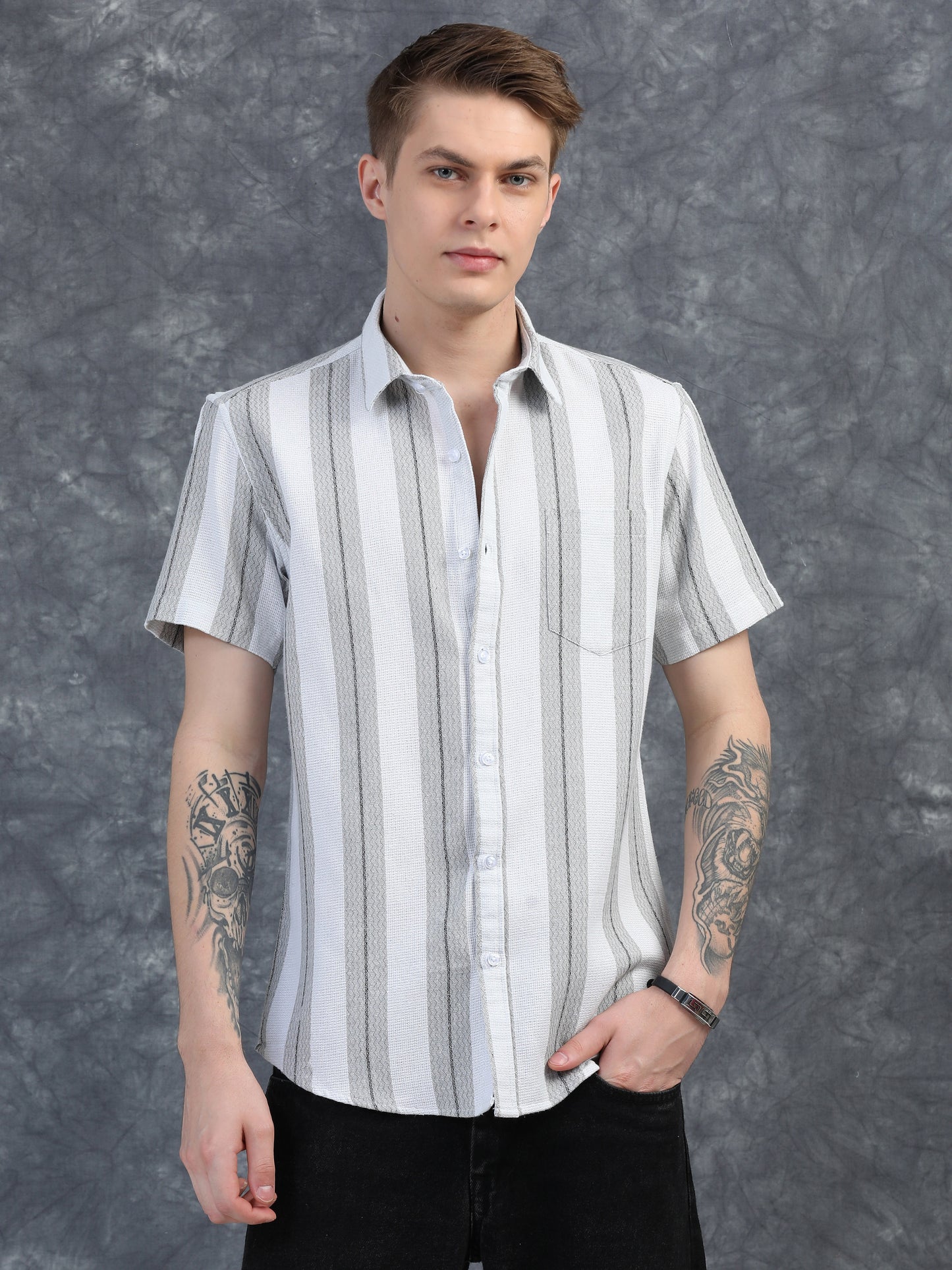 White and Grey Stripes Half Sleeve Shirt