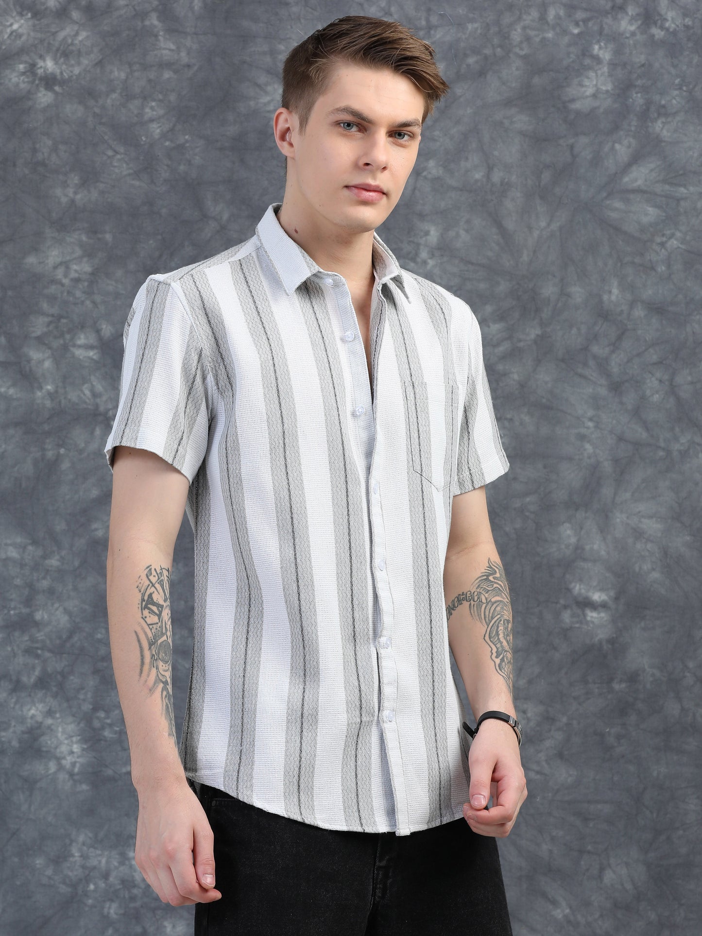 White and Grey Stripes Half Sleeve Shirt