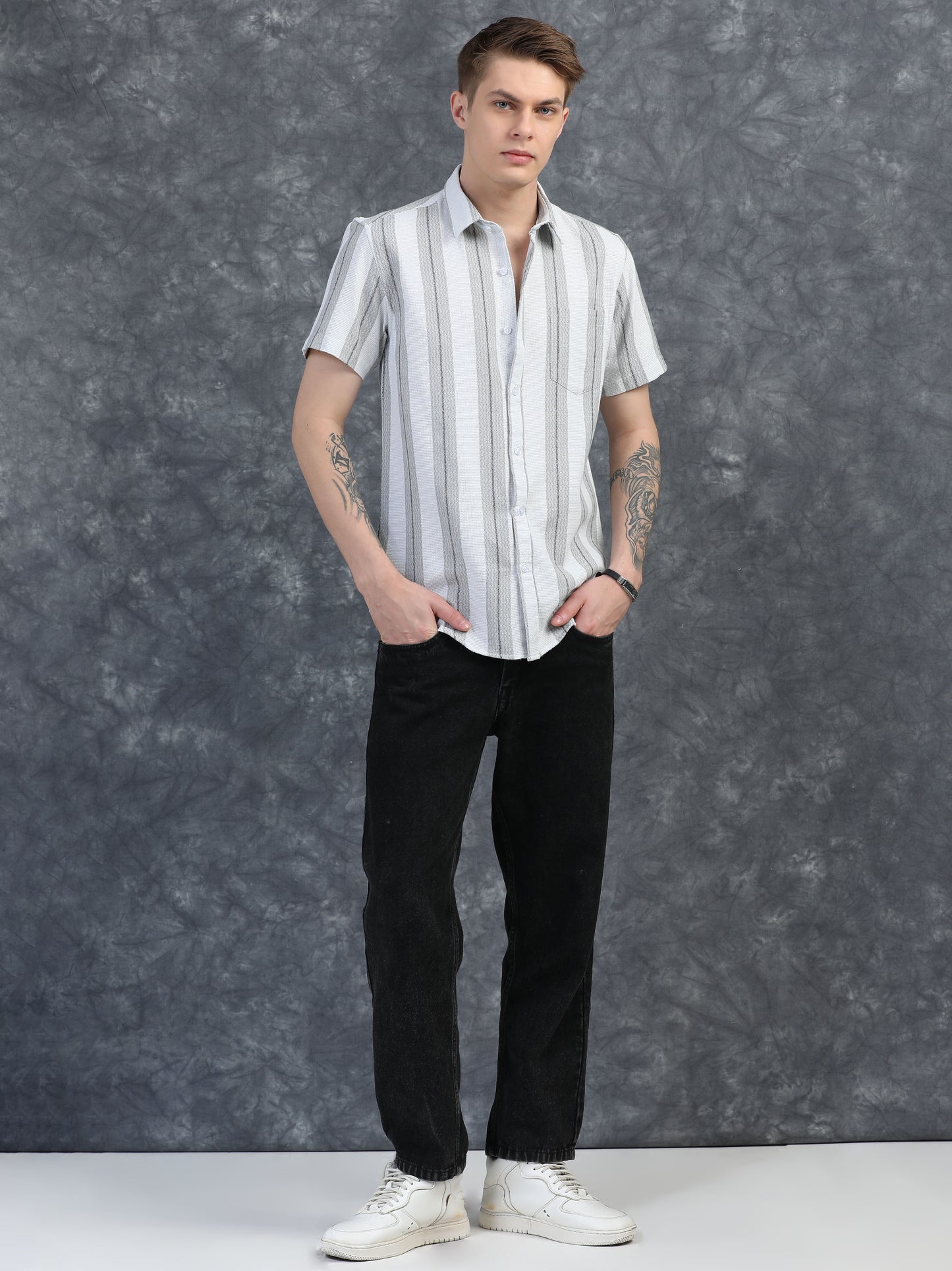 White and Grey Stripes Half Sleeve Shirt