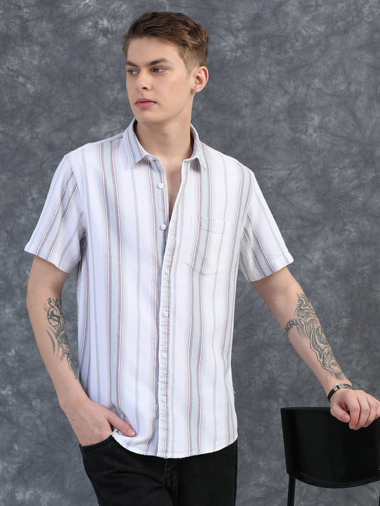 Light Red and Grey Stripes Half Sleeve Shirt