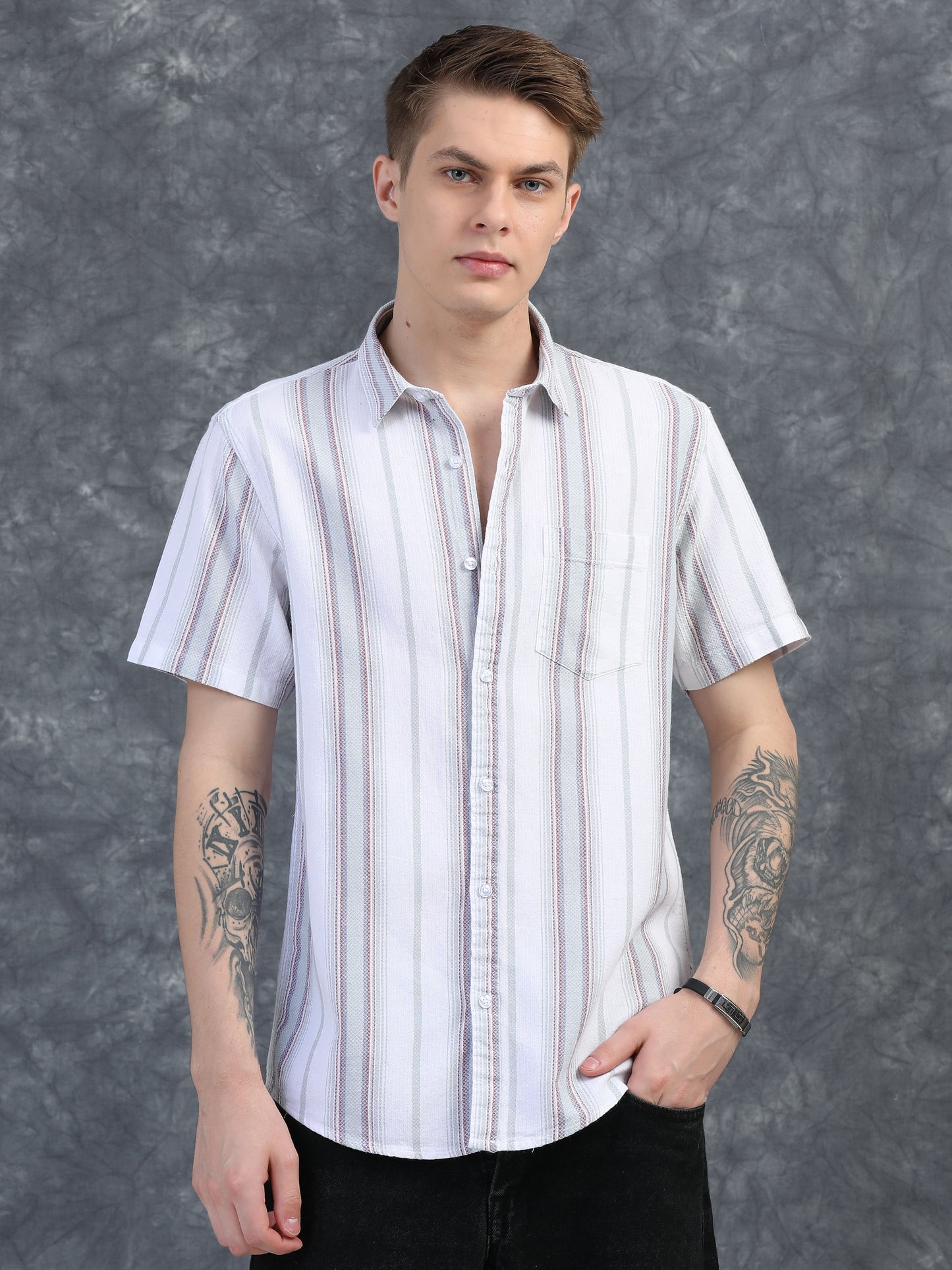 Light Red and Grey Stripes Half Sleeve Shirt