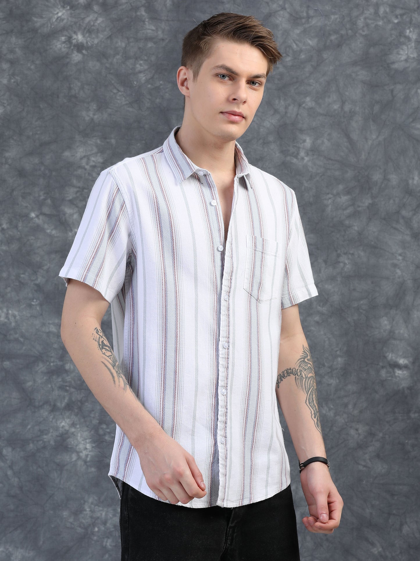 Light Red and Grey Stripes Half Sleeve Shirt