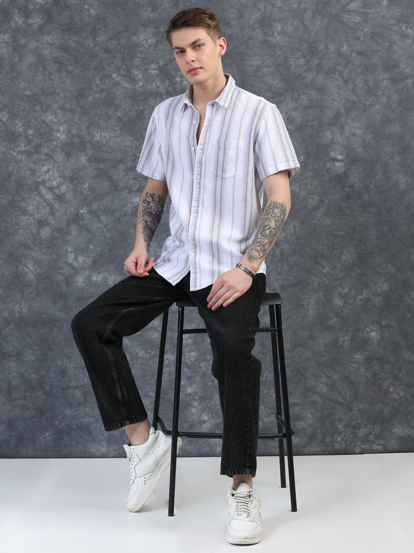 Light Red and Grey Stripes Half Sleeve Shirt