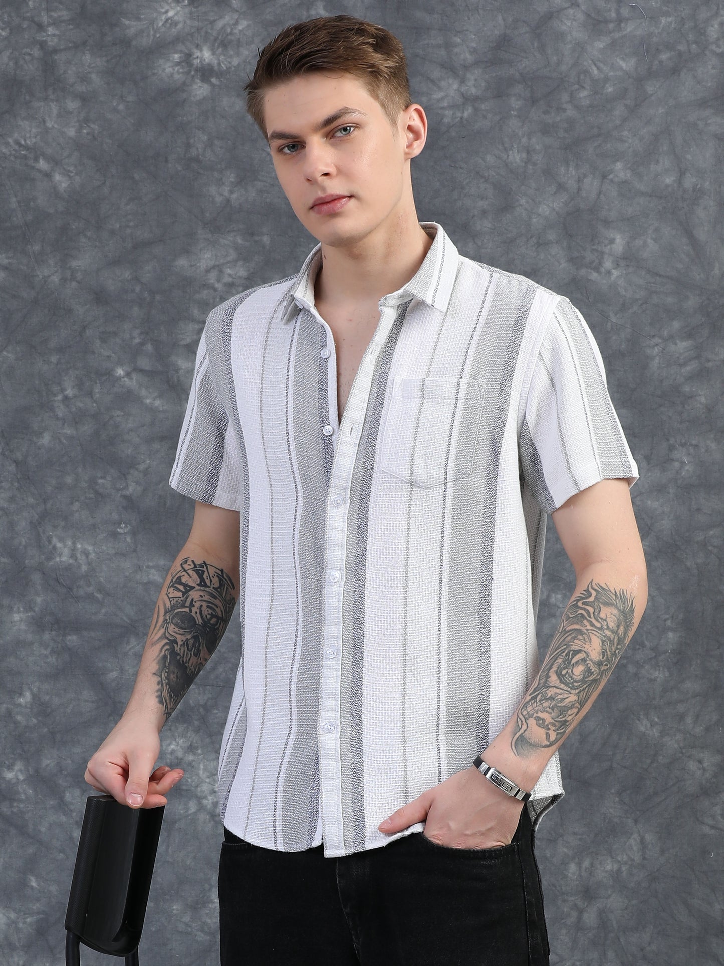 Stone Grey Stripes Half Sleeves Shirt