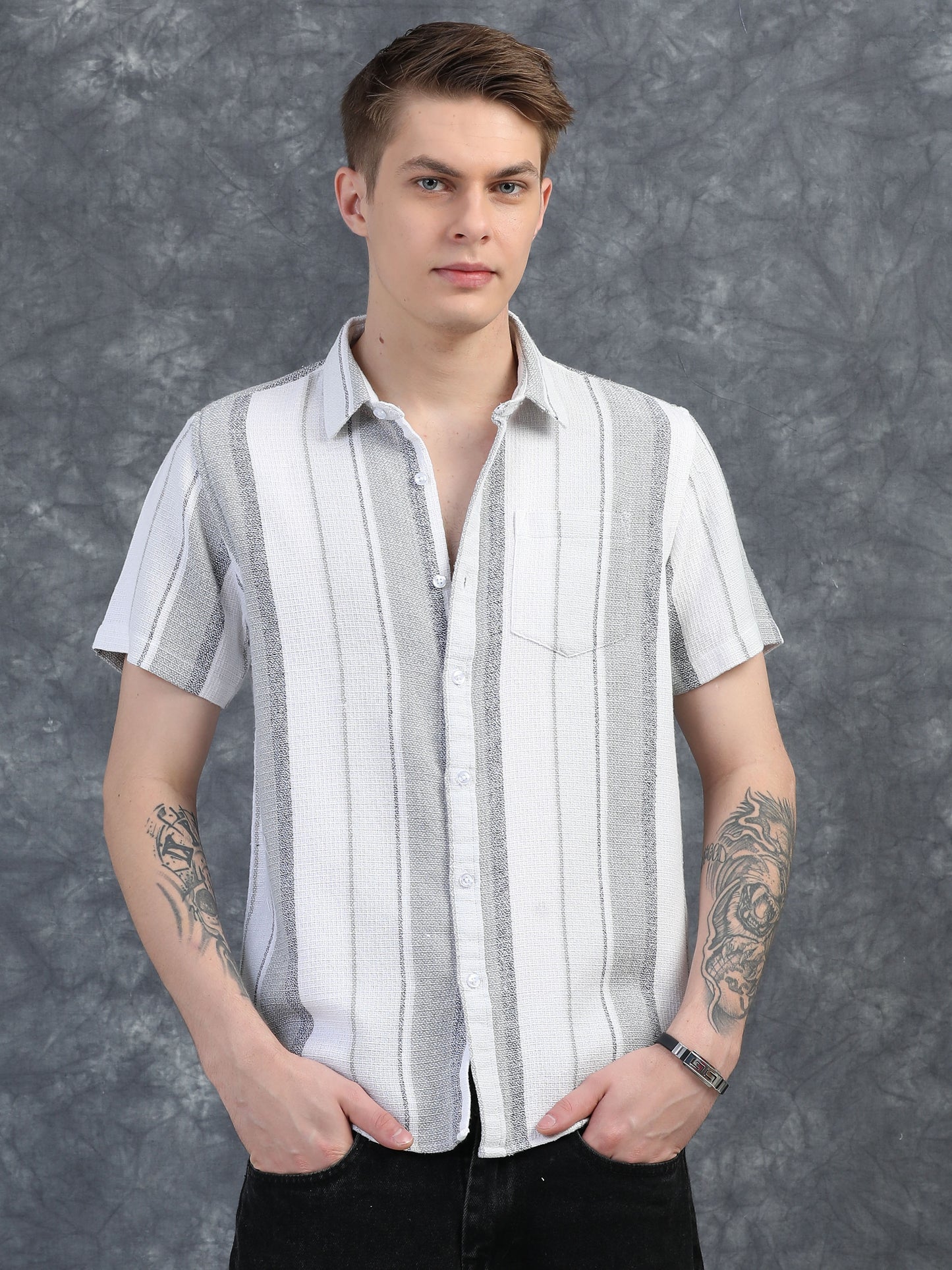 Stone Grey Stripes Half Sleeves Shirt