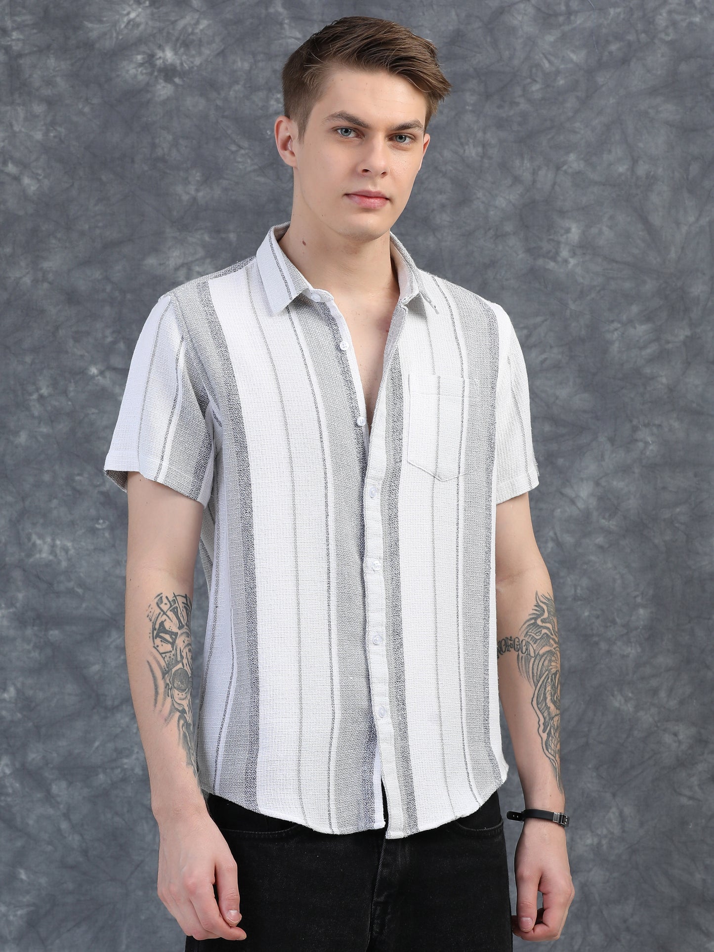 Stone Grey Stripes Half Sleeves Shirt