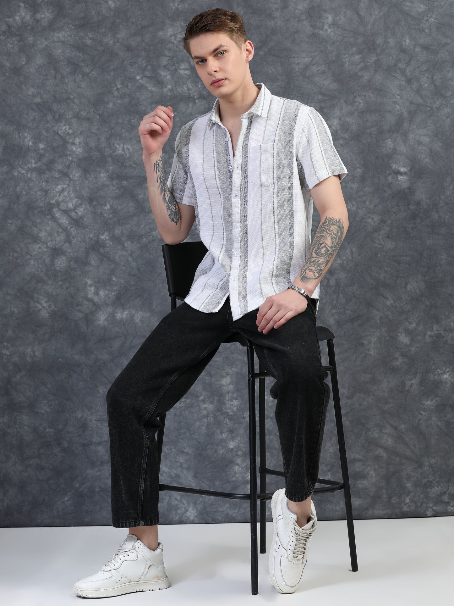Stone Grey Stripes Half Sleeves Shirt