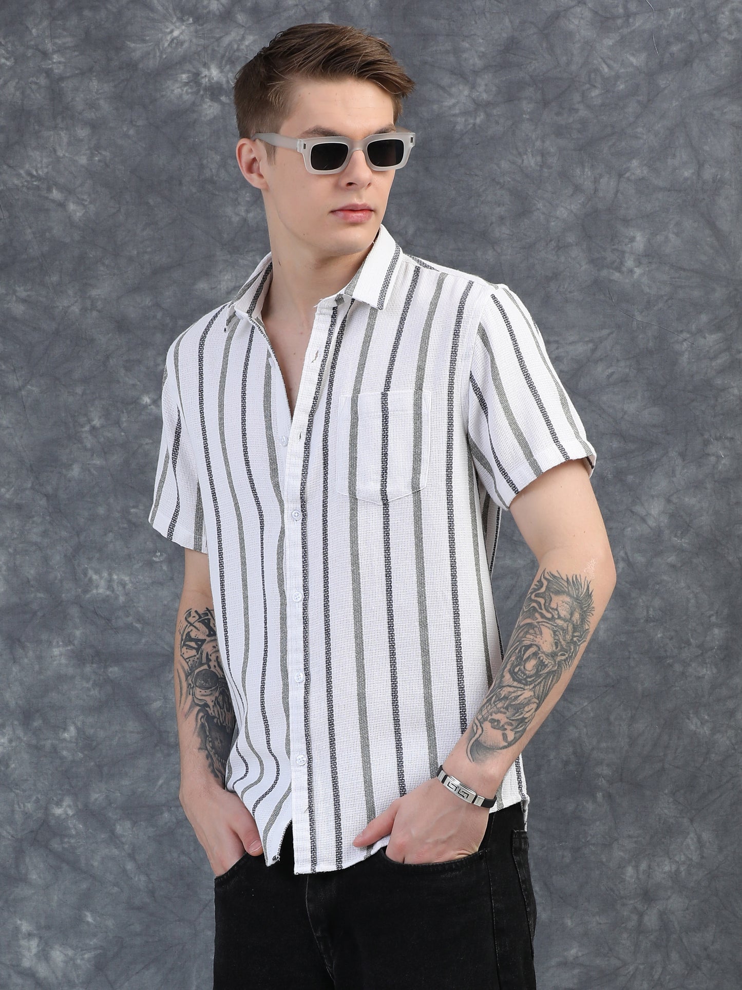 Black and  Grey Stripes Half Sleeves Shirt