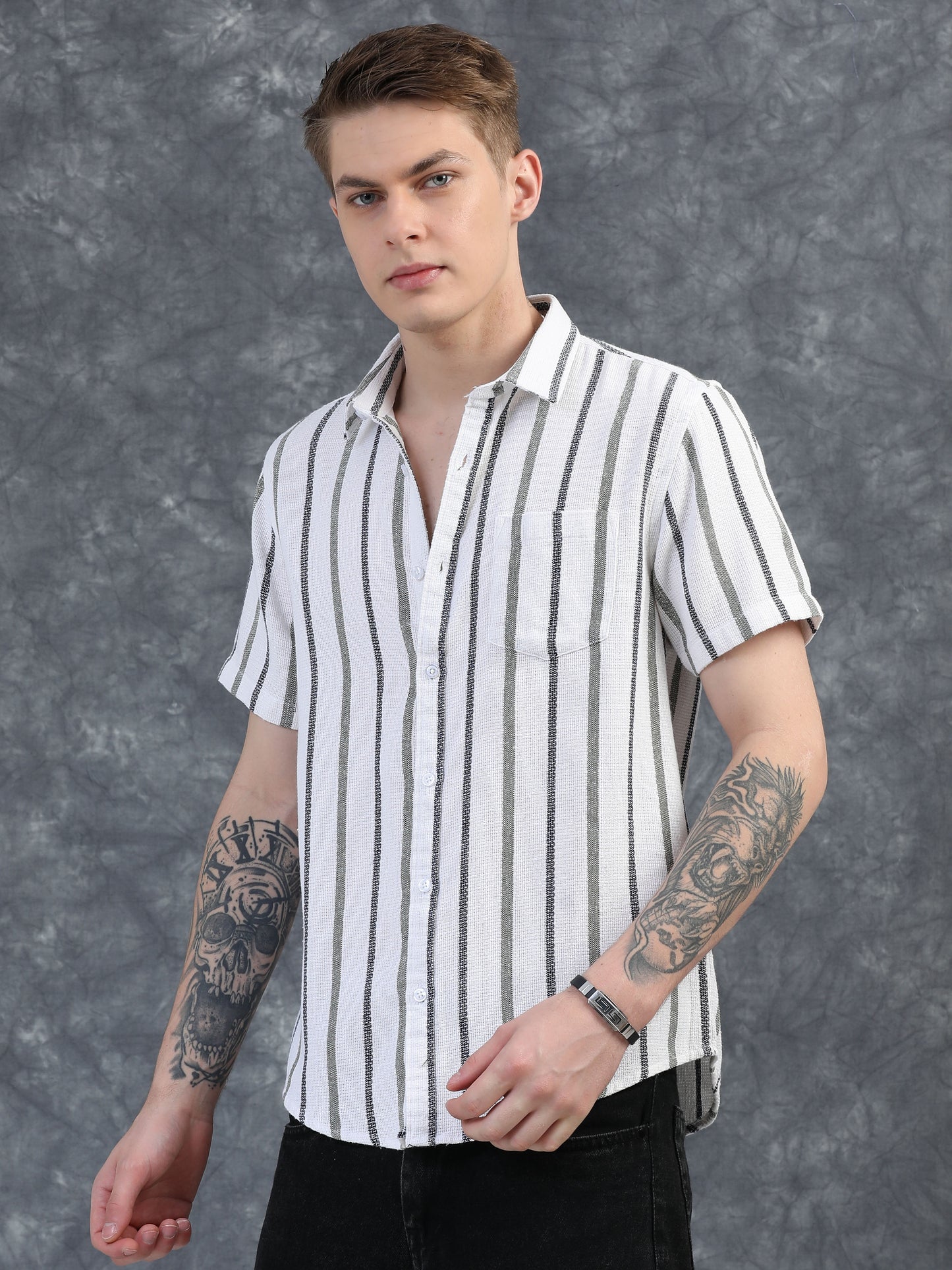 Black and  Grey Stripes Half Sleeves Shirt