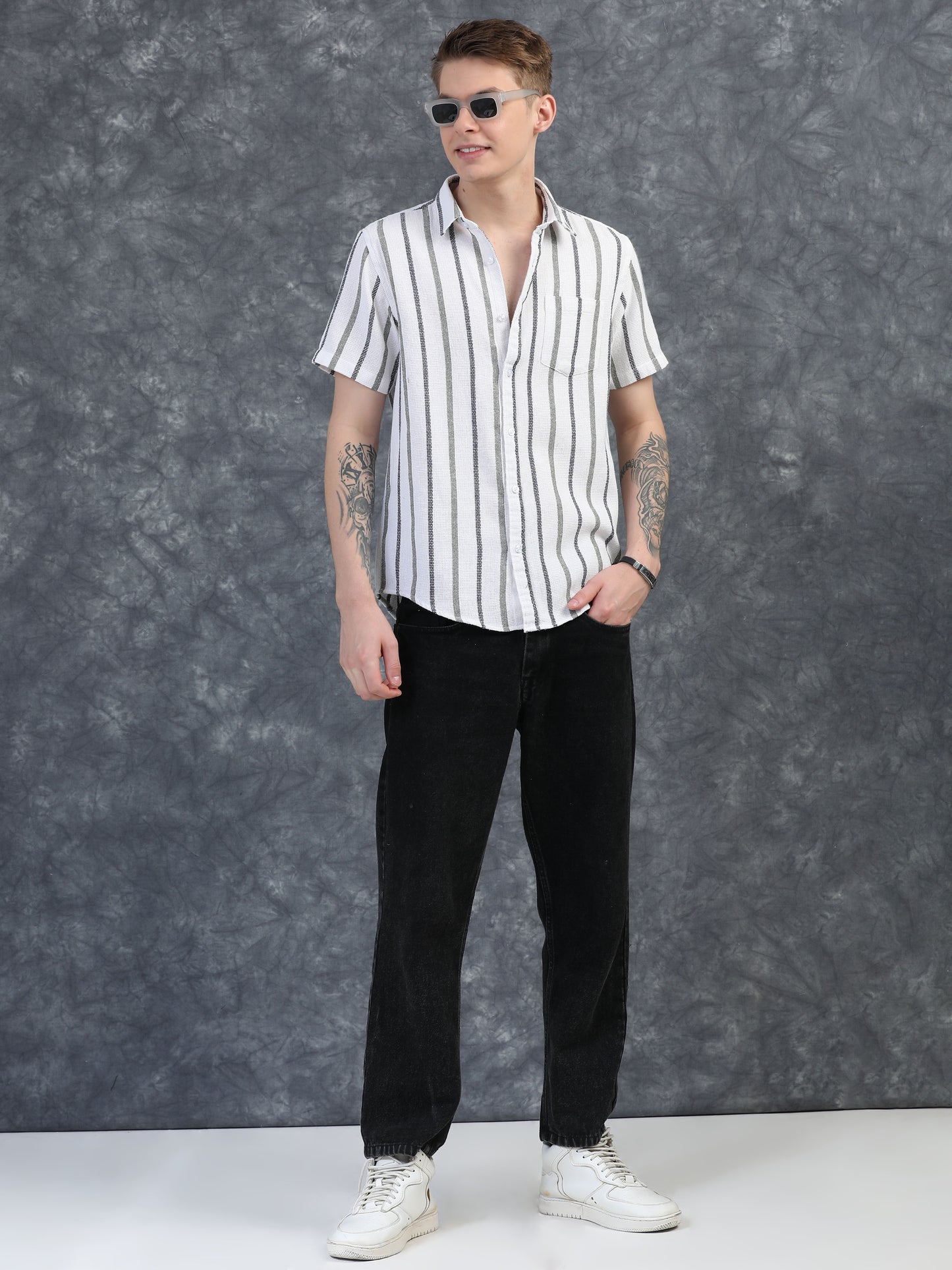 Black and  Grey Stripes Half Sleeves Shirt