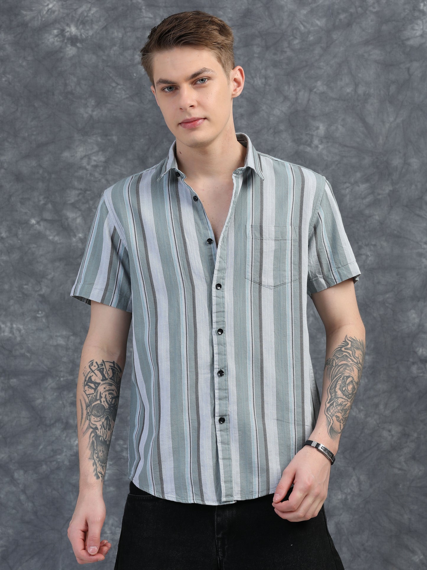 Muted Green and  Medium Grey Stripes Half Sleeves Shirt