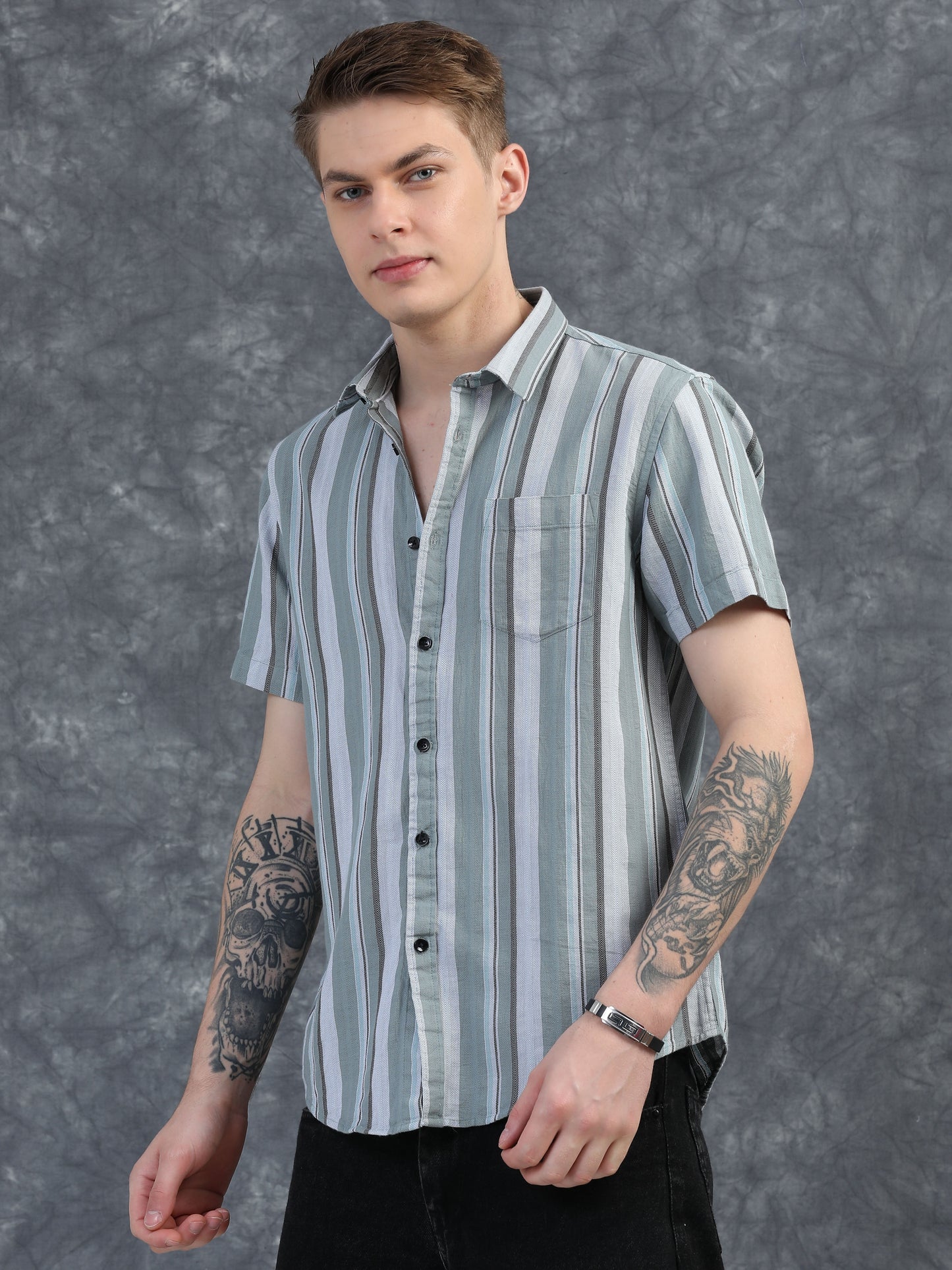 Muted Green and  Medium Grey Stripes Half Sleeves Shirt