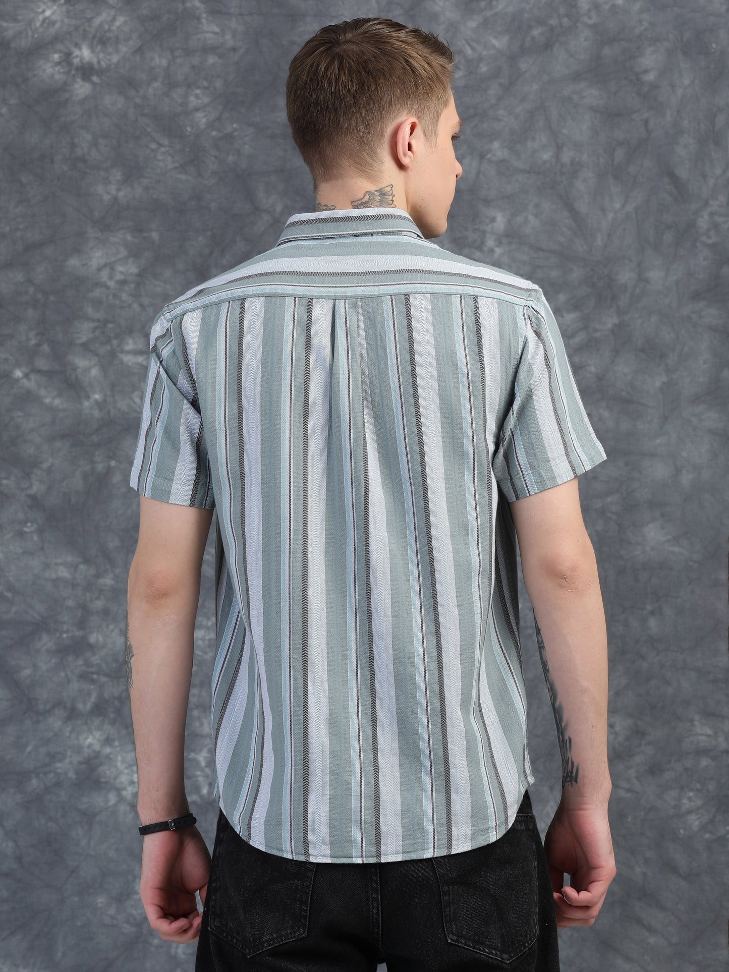 Muted Green and  Medium Grey Stripes Half Sleeves Shirt