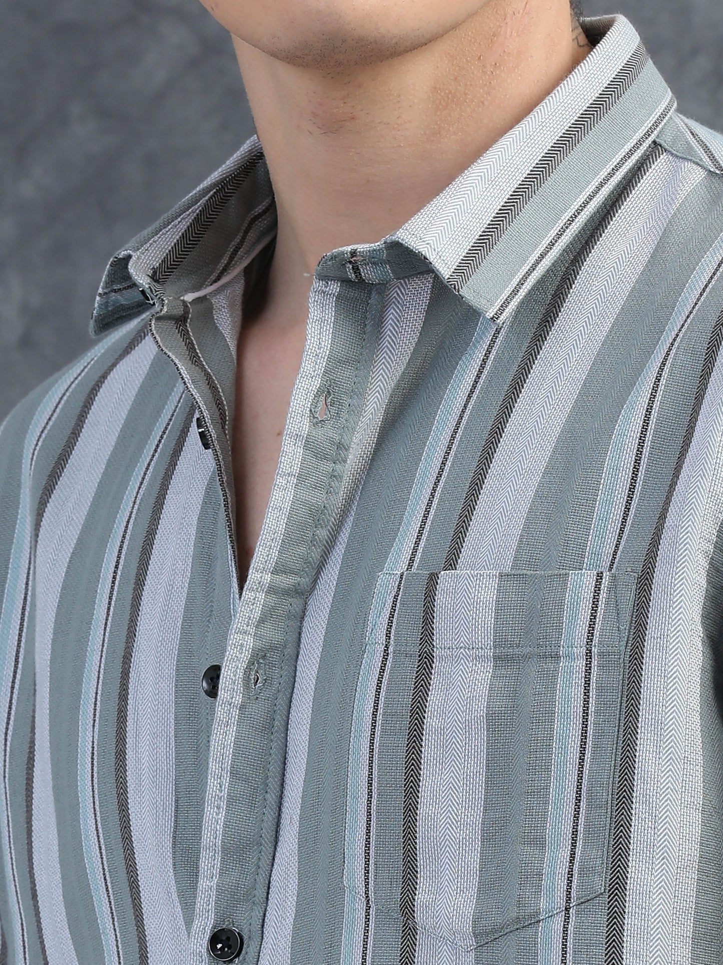 Muted Green and  Medium Grey Stripes Half Sleeves Shirt