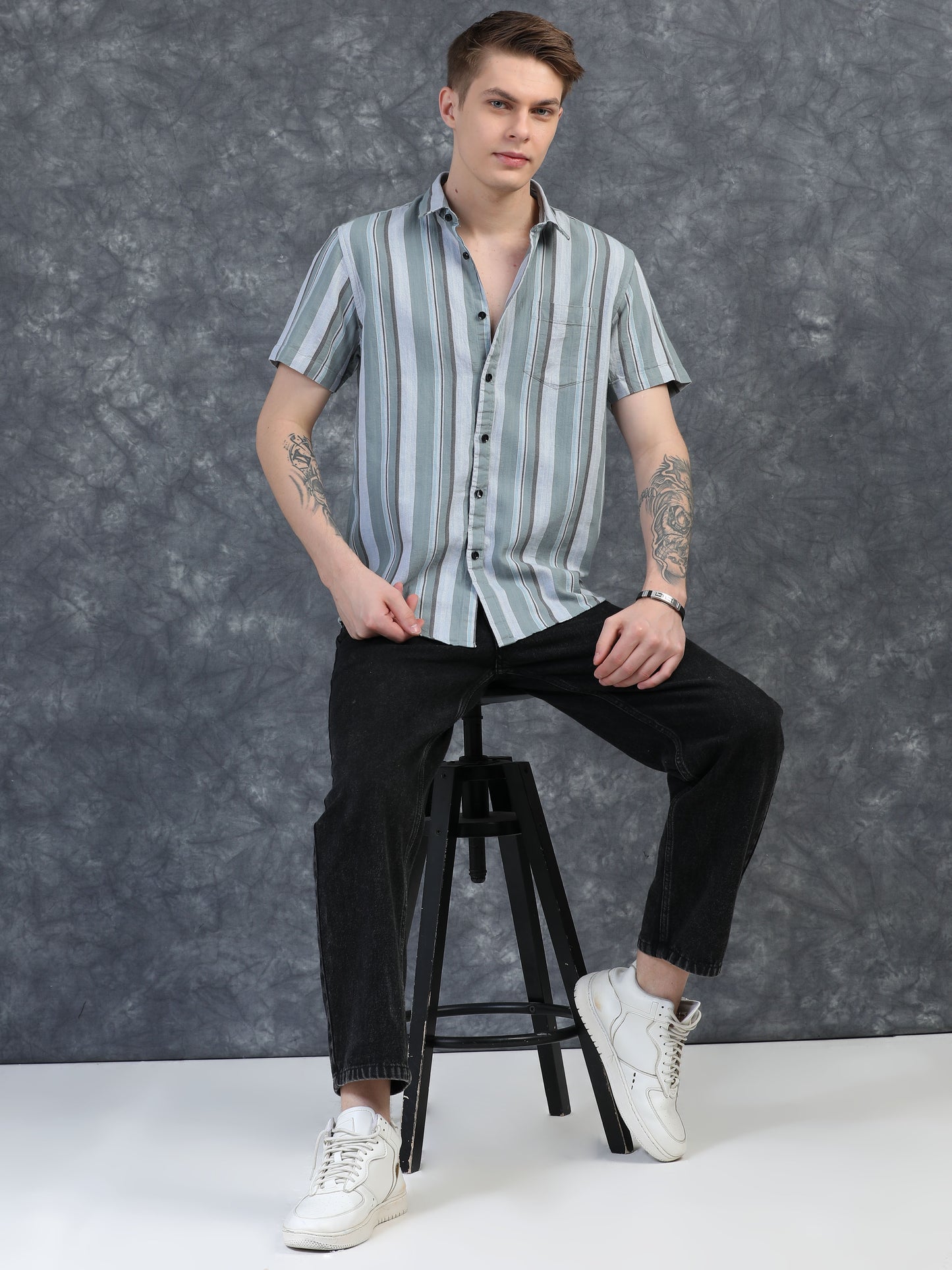 Muted Green and  Medium Grey Stripes Half Sleeves Shirt