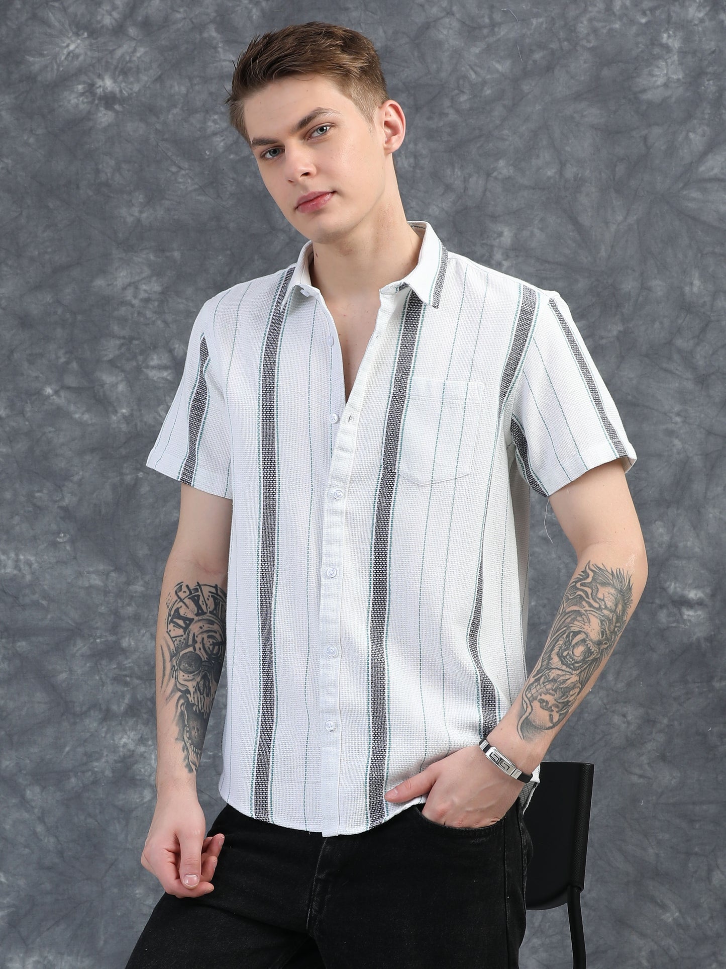 White and Black Structured Striped Shirt