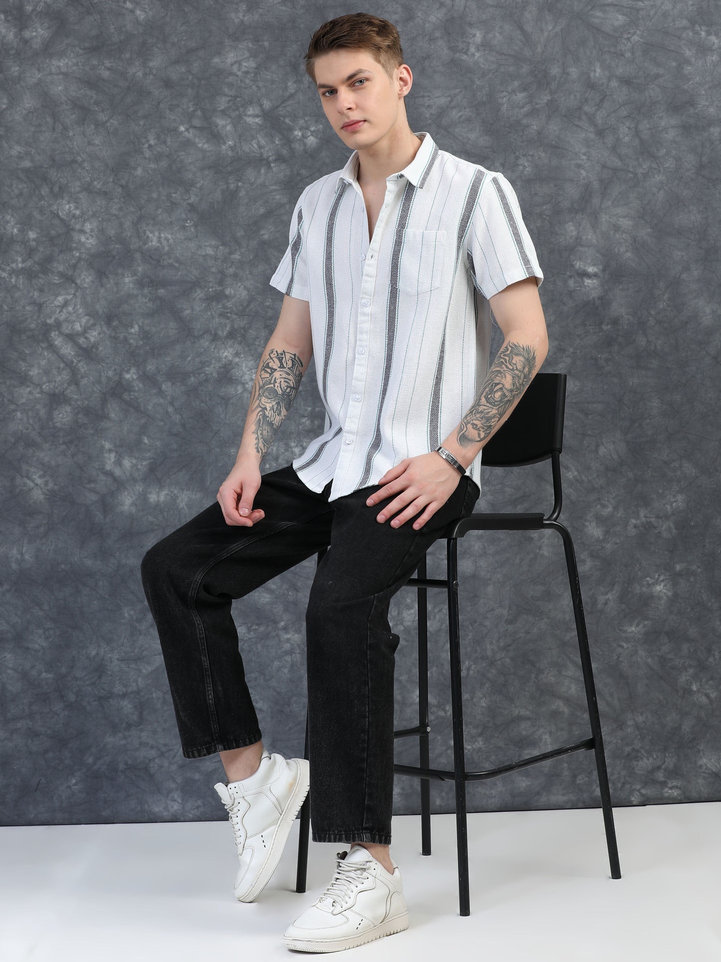White and Black Structured Striped Shirt