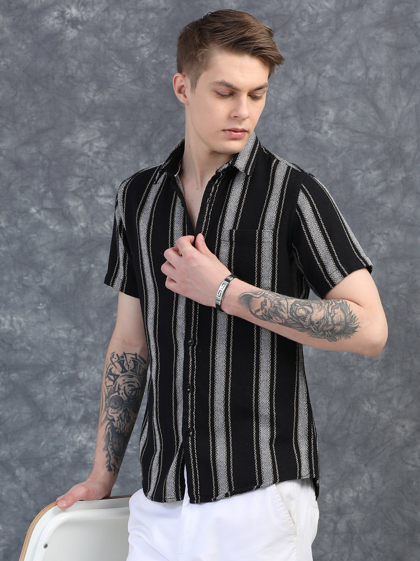 Black Regular Fit Striped Shirt