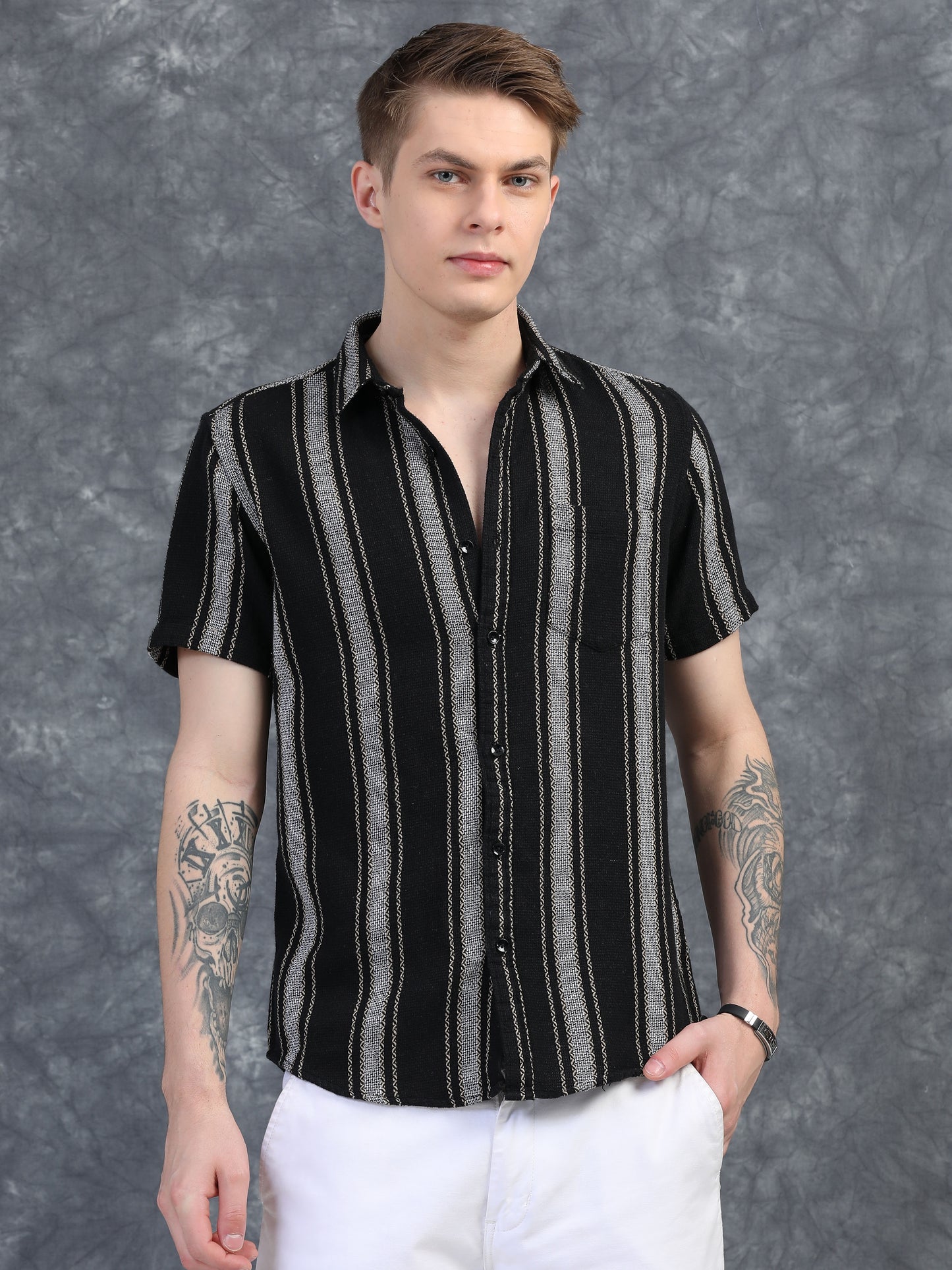 Black Regular Fit Striped Shirt