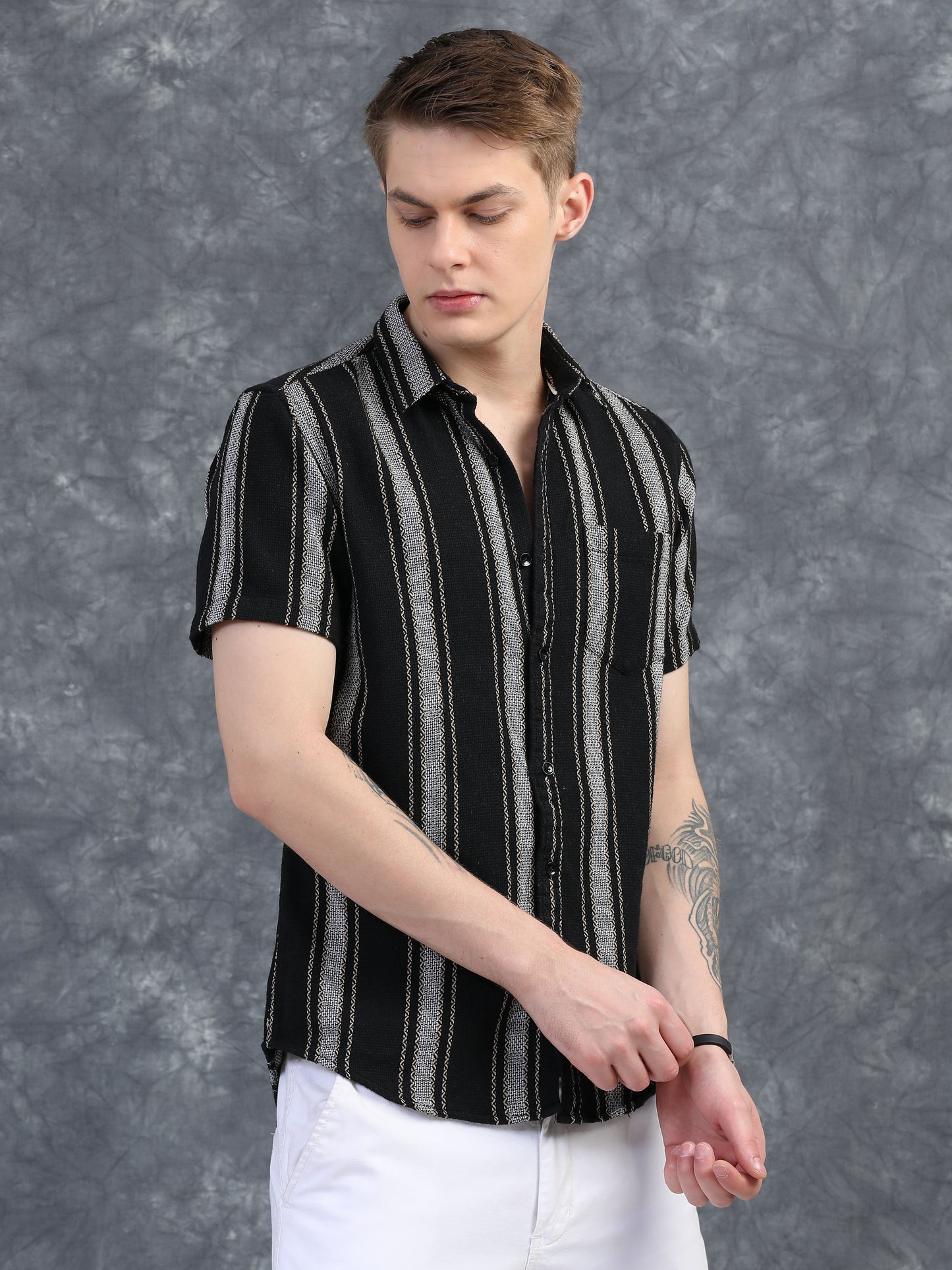Black Regular Fit Striped Shirt