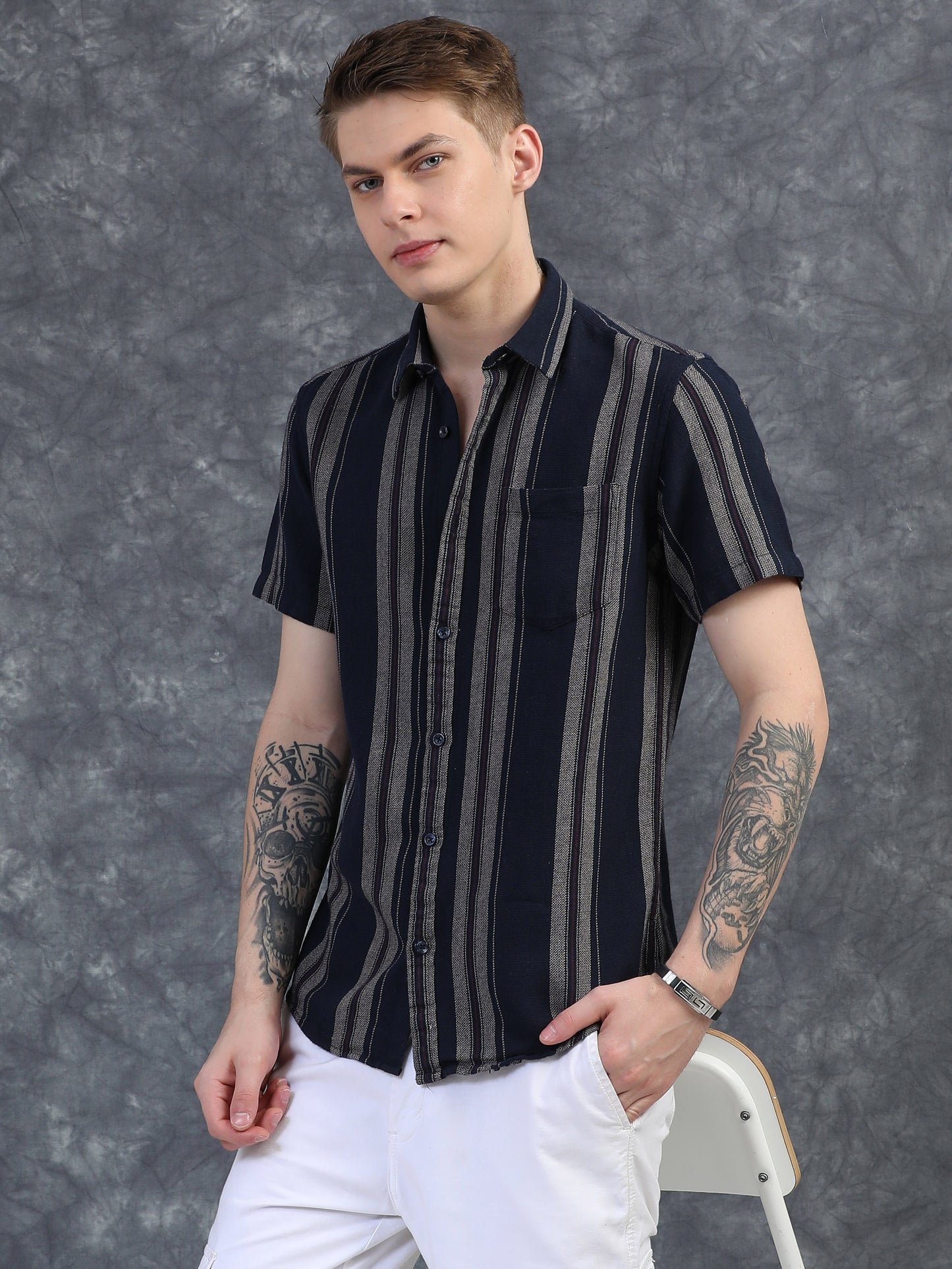 Navy Blue with Light Grey Striped Shirt
