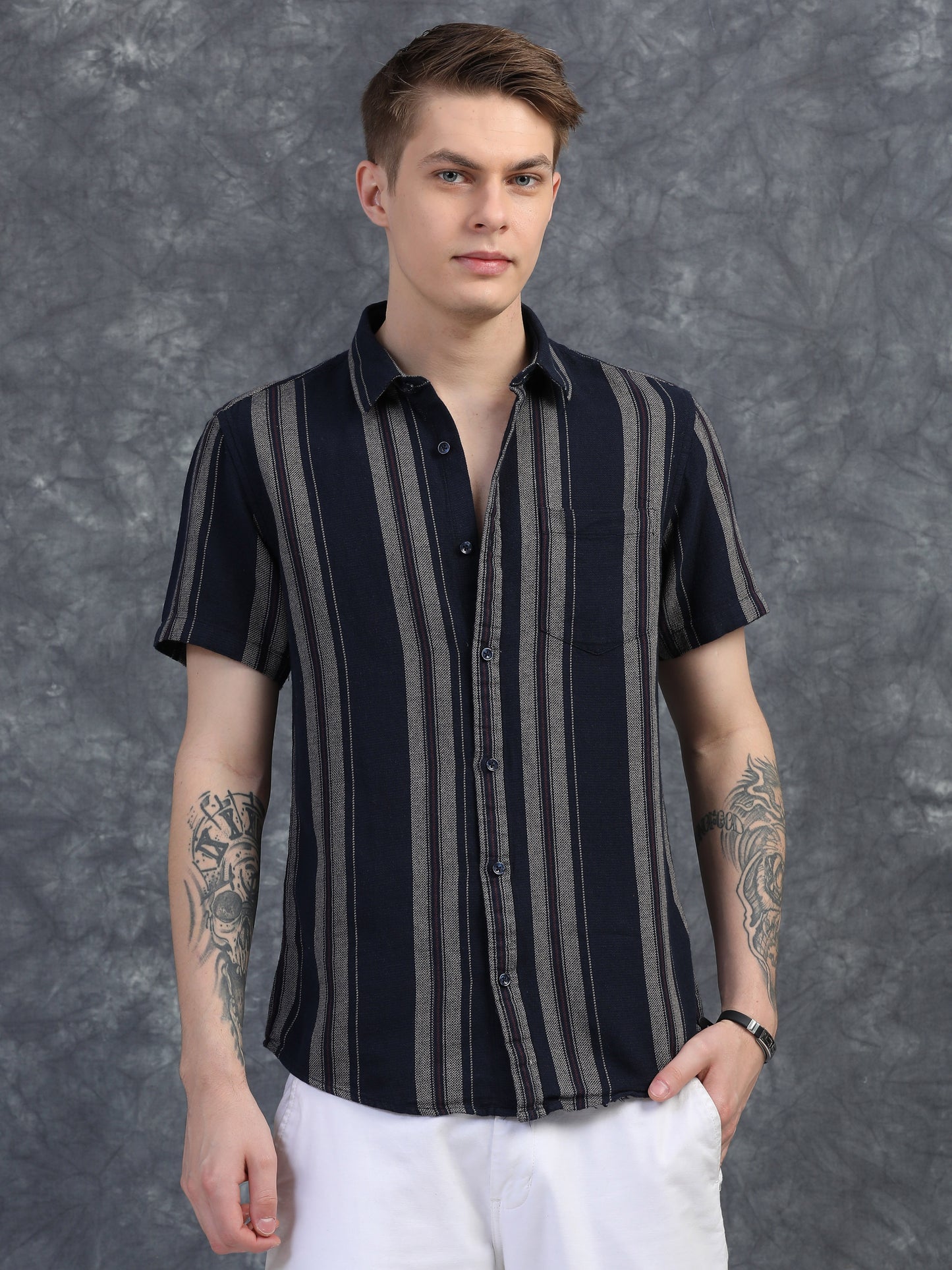 Navy Blue with Light Grey Striped Shirt