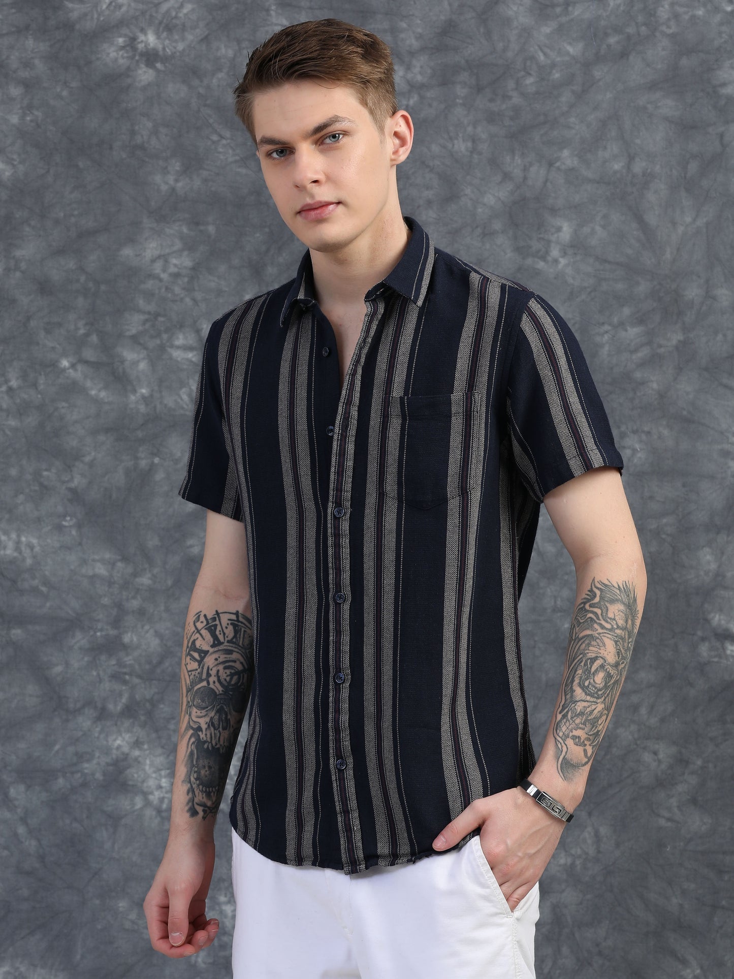 Navy Blue with Light Grey Striped Shirt