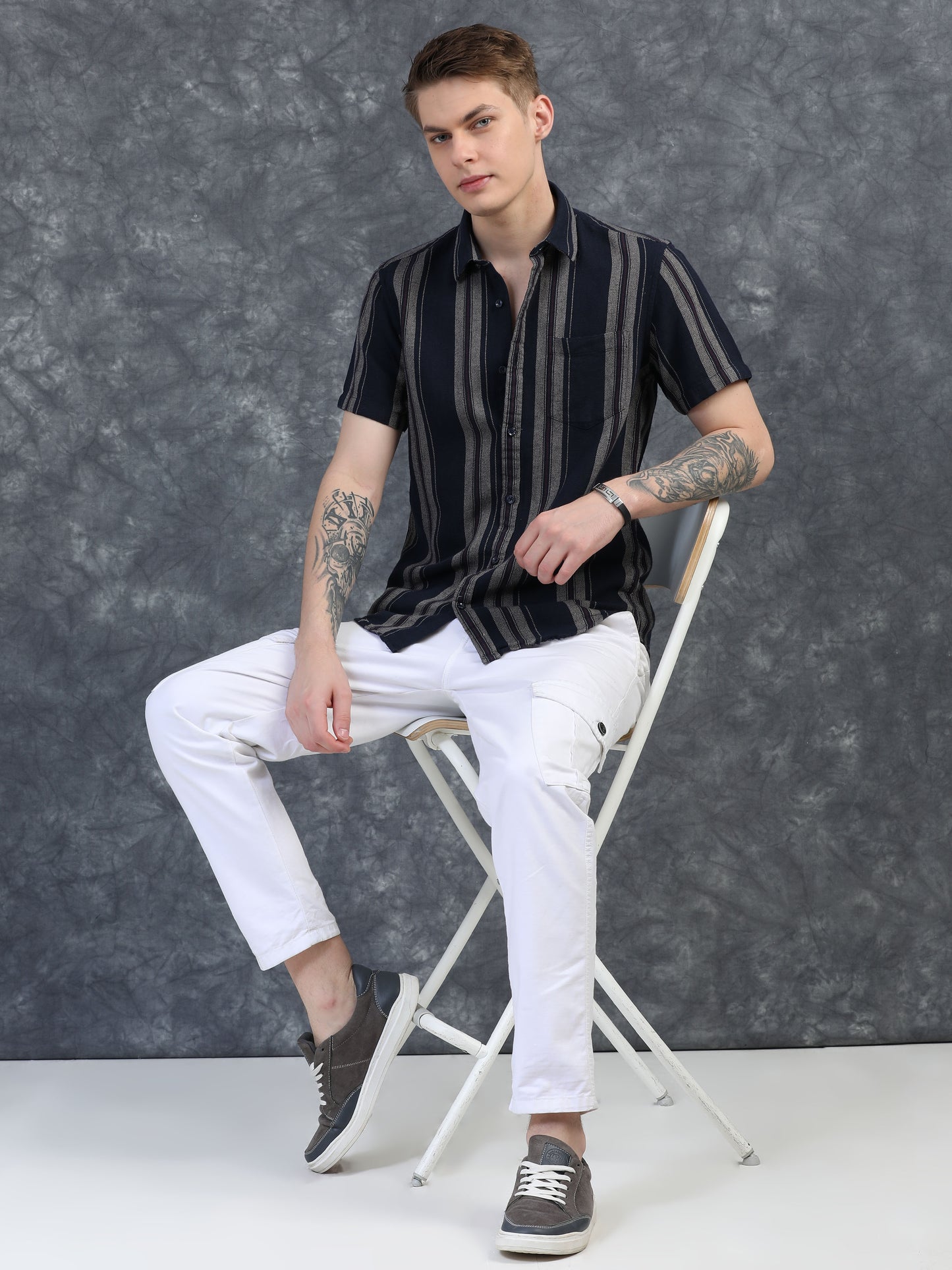 Navy Blue with Light Grey Striped Shirt
