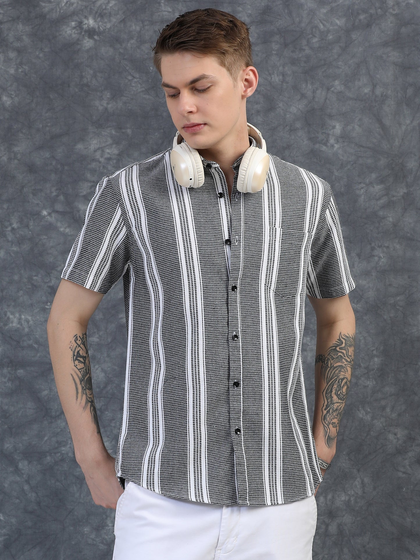 Black with Thin White Vertical Stripes