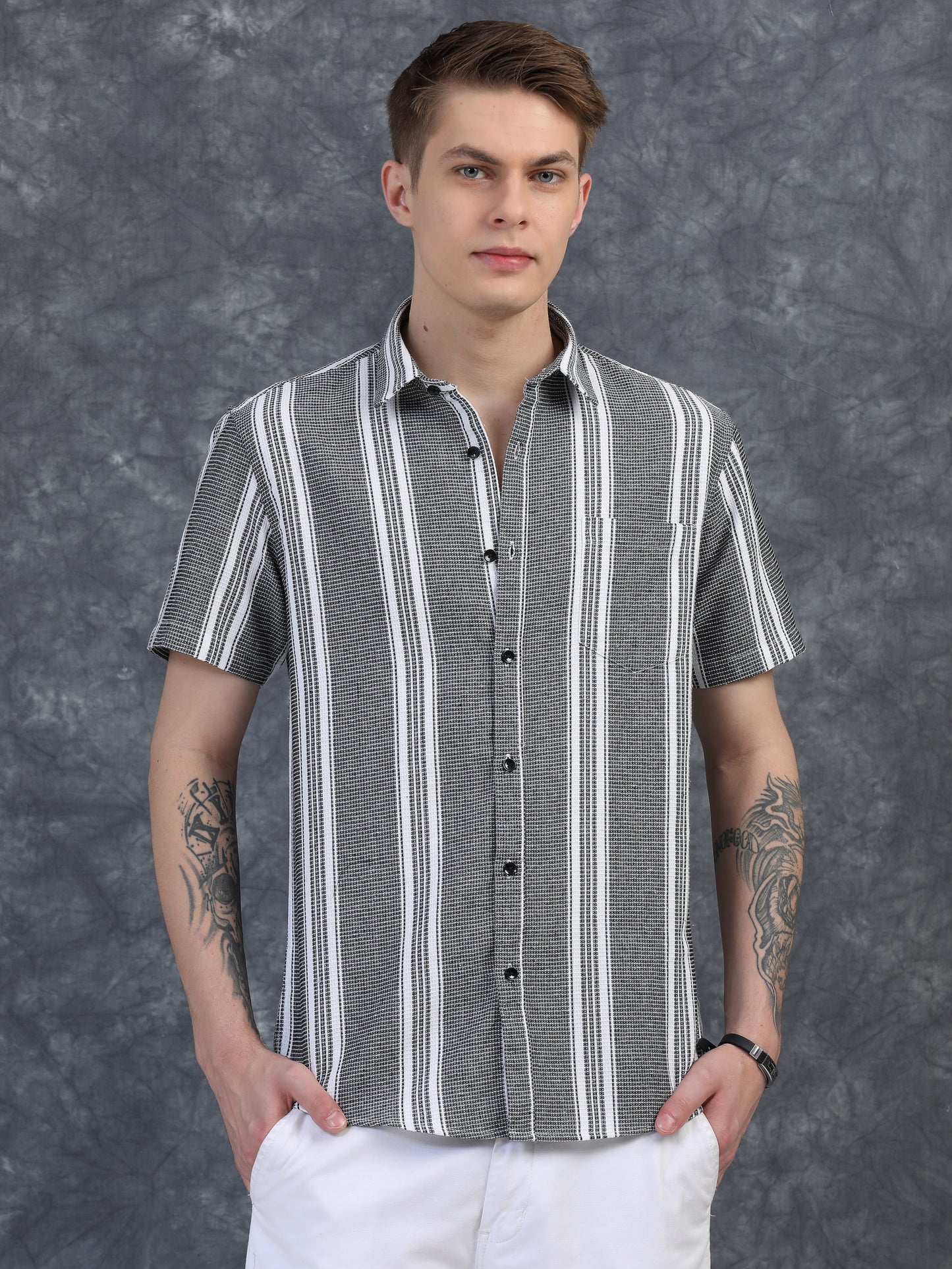 Black with Thin White Vertical Stripes