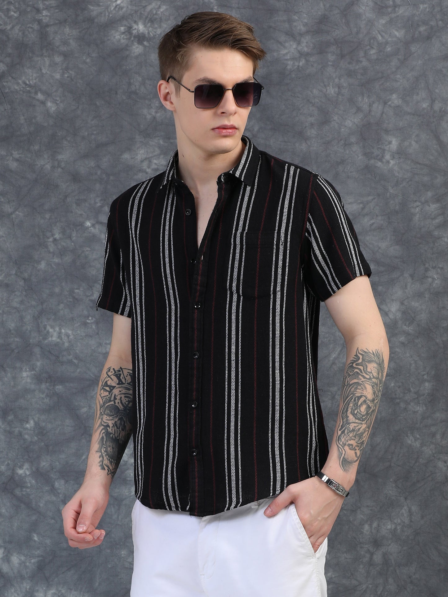 White with Red Vertical Stripes Shirts